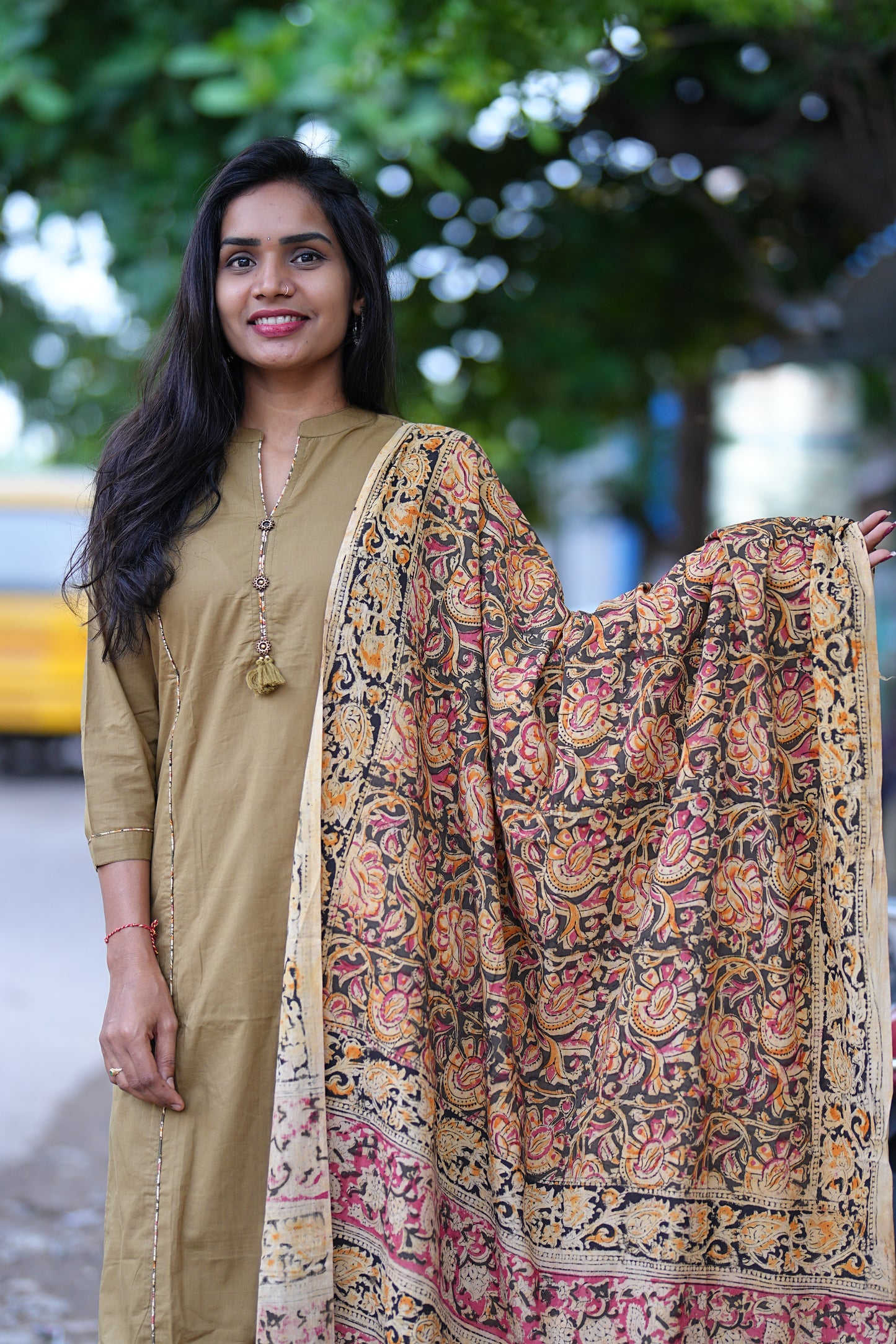 Beige Color Pure Jaipur Cotton Collar Neck With Kalamkari Piping & Dupatta