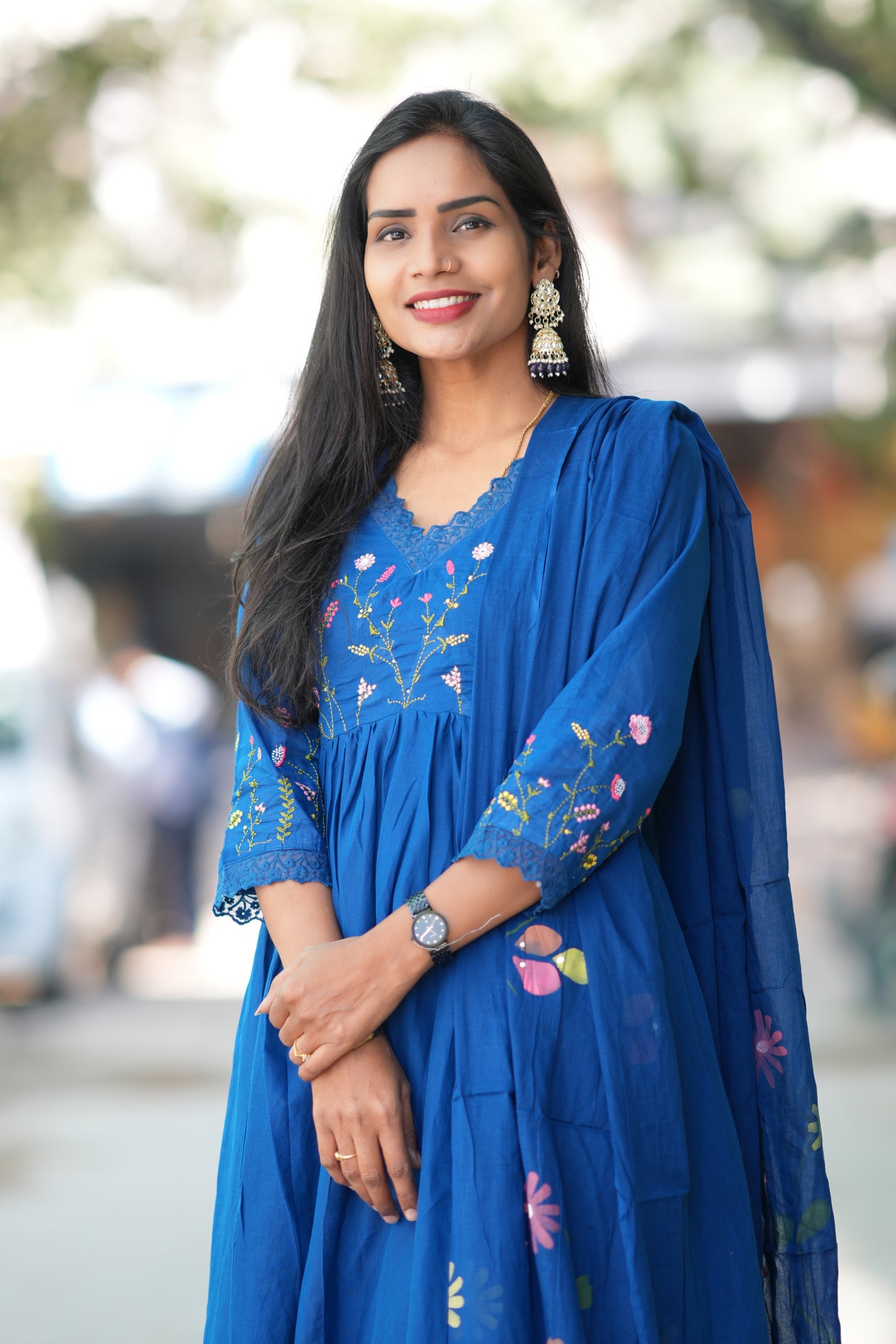 Blue Colour Mul Cotton anarkali 3 Piece Set With Complete Lining