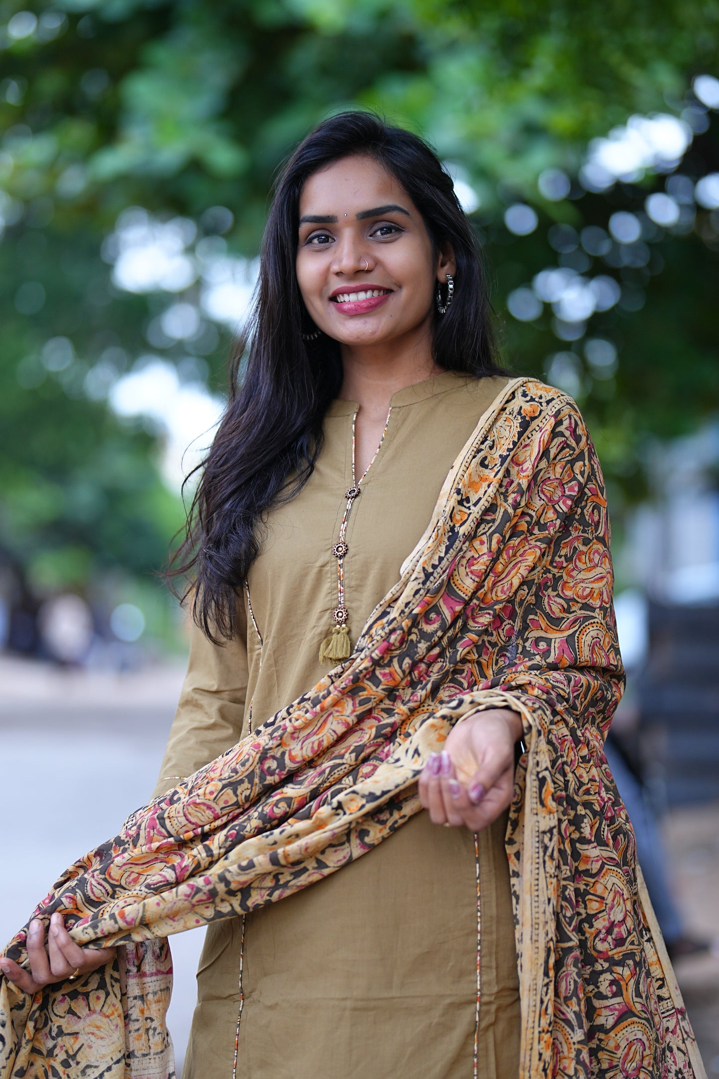 Beige Color Pure Jaipur Cotton Collar Neck With Kalamkari Piping & Dupatta