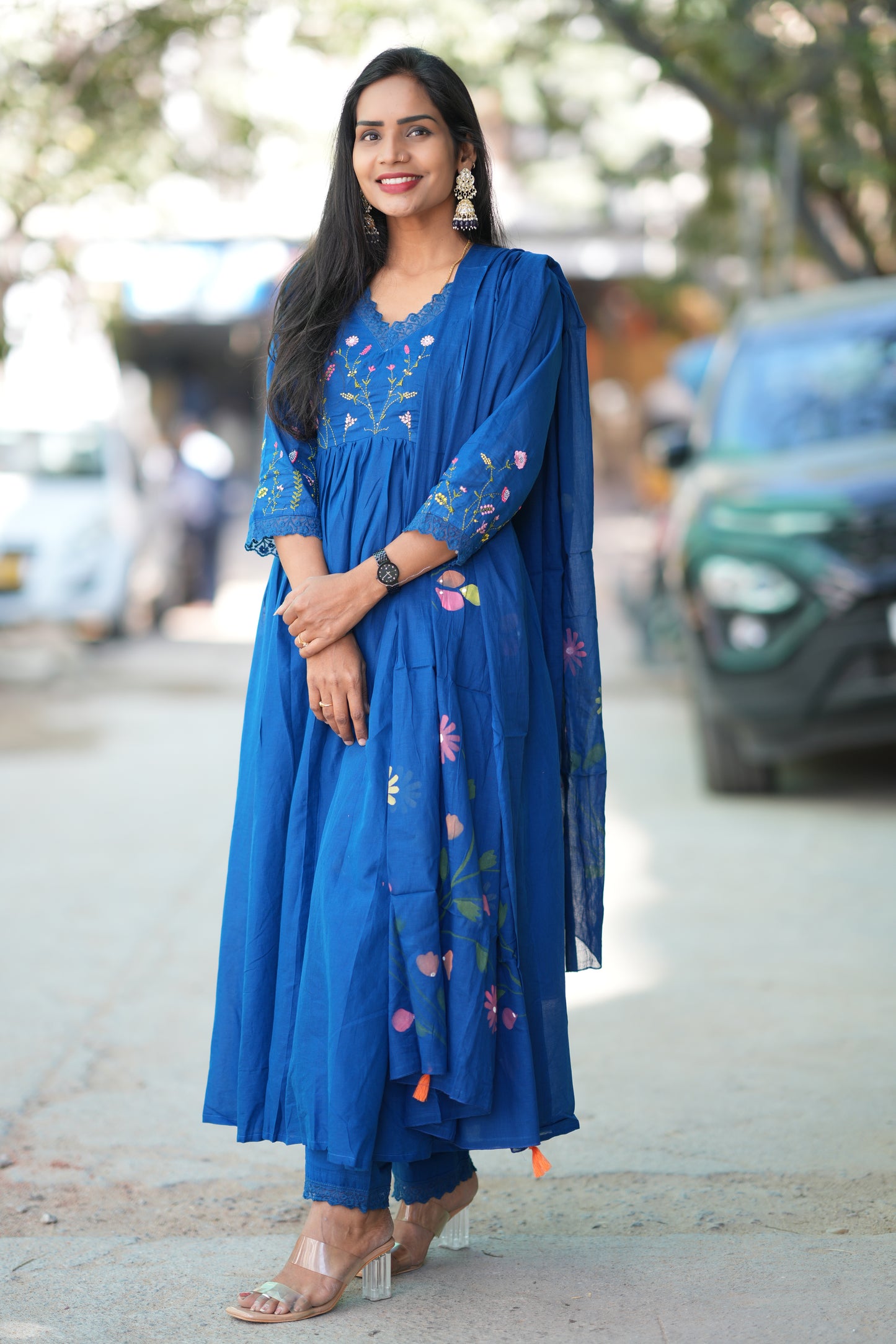 Blue Colour Mul Cotton anarkali 3 Piece Set With Complete Lining
