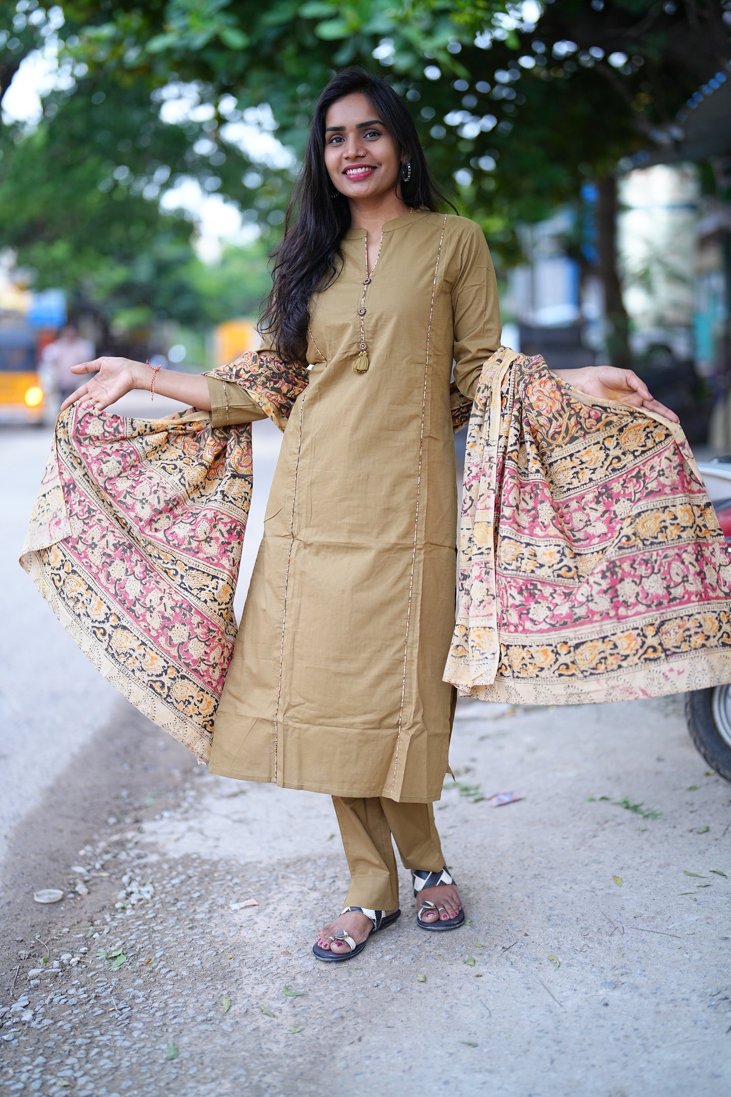 Beige Color Pure Jaipur Cotton Collar Neck With Kalamkari Piping & Dupatta