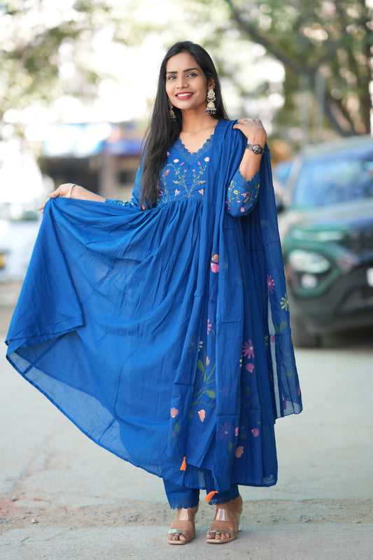 Blue Colour Mul Cotton anarkali 3 Piece Set With Complete Lining