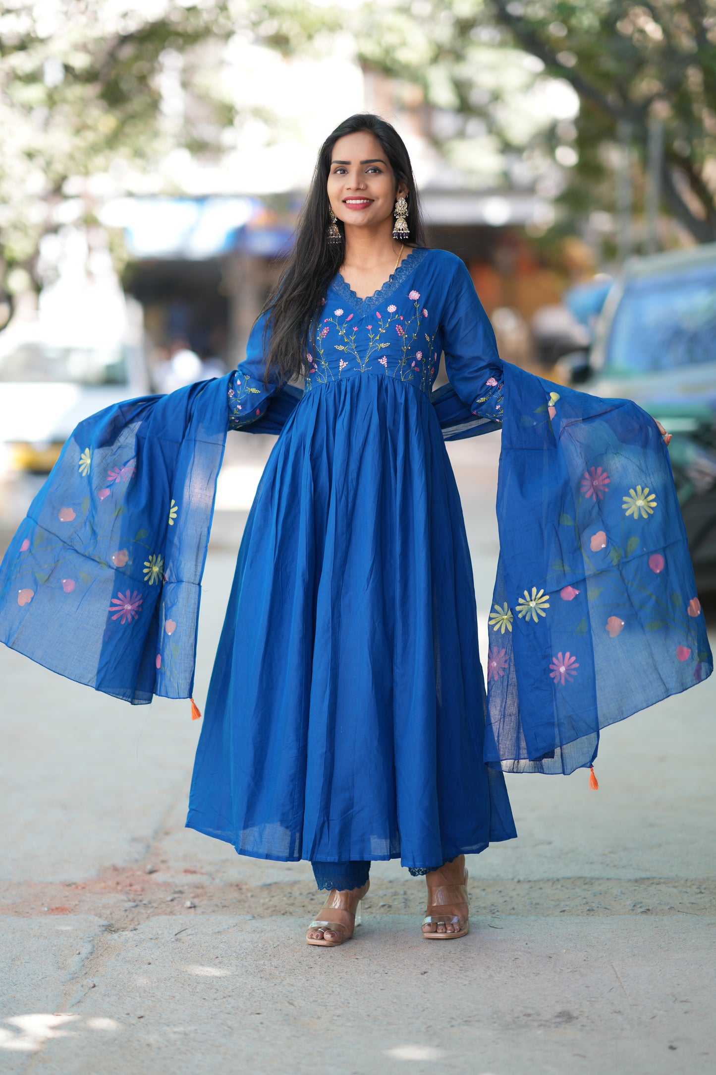 Blue Colour Mul Cotton anarkali 3 Piece Set With Complete Lining