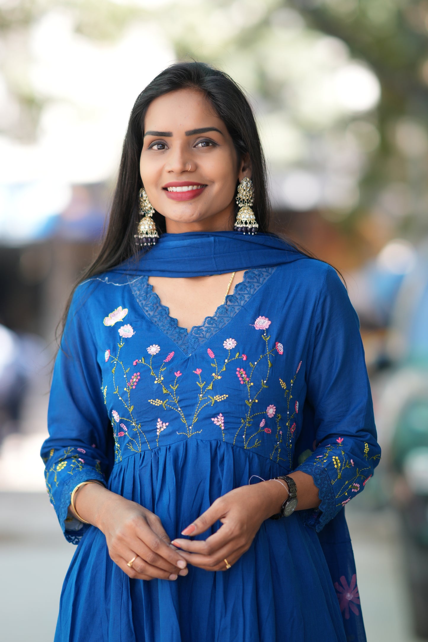 Blue Colour Mul Cotton anarkali 3 Piece Set With Complete Lining