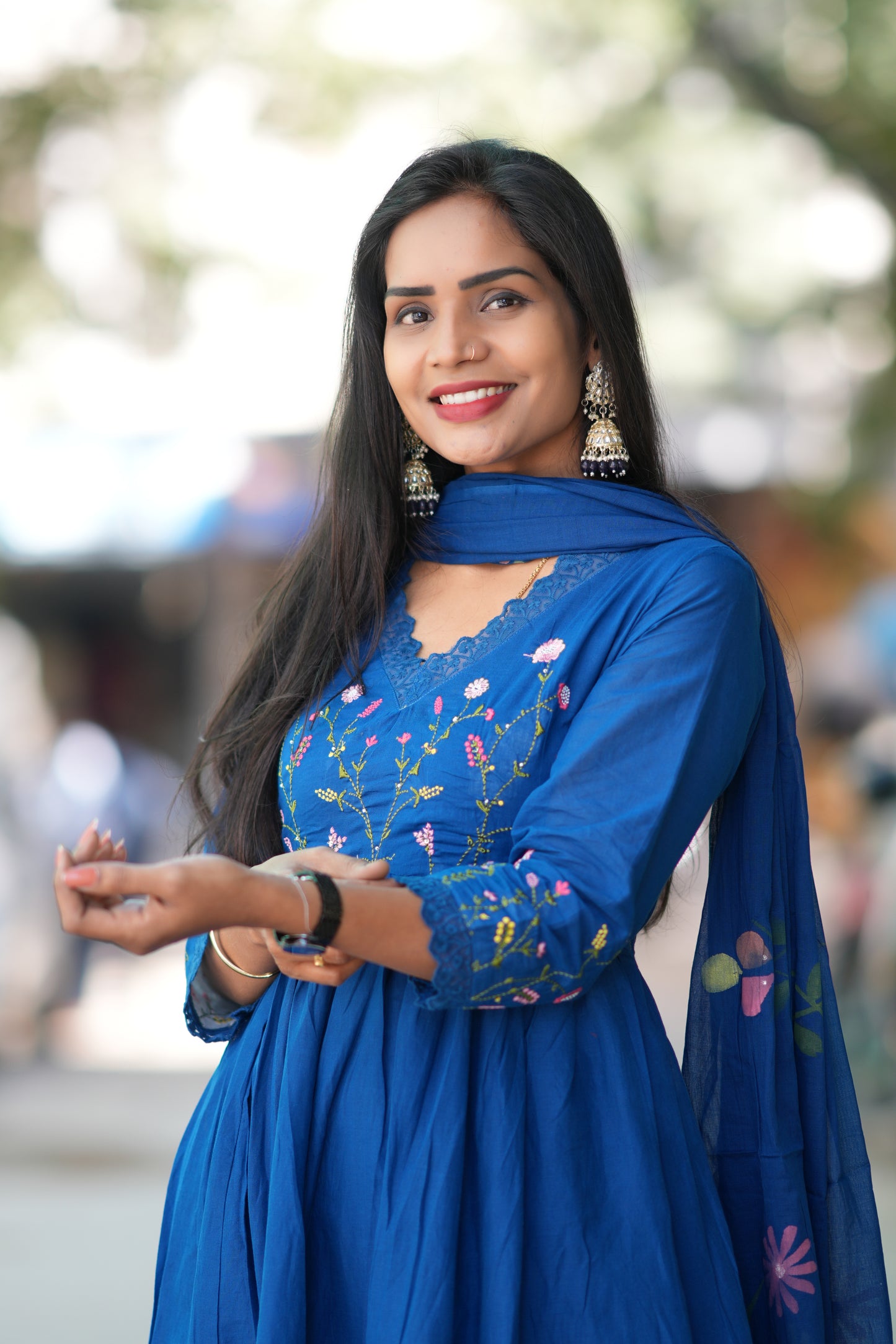 Blue Colour Mul Cotton anarkali 3 Piece Set With Complete Lining