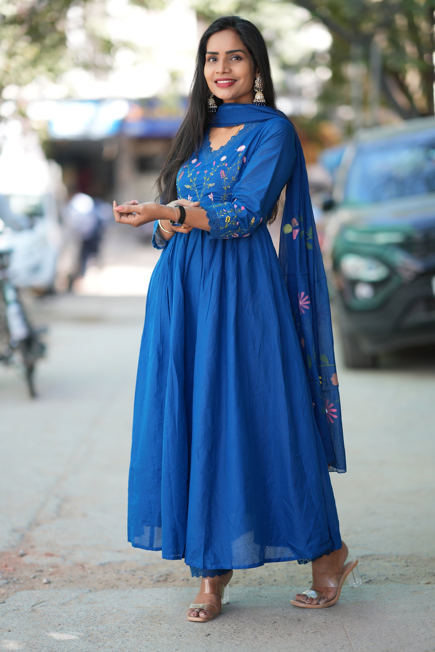Blue Colour Mul Cotton anarkali 3 Piece Set With Complete Lining