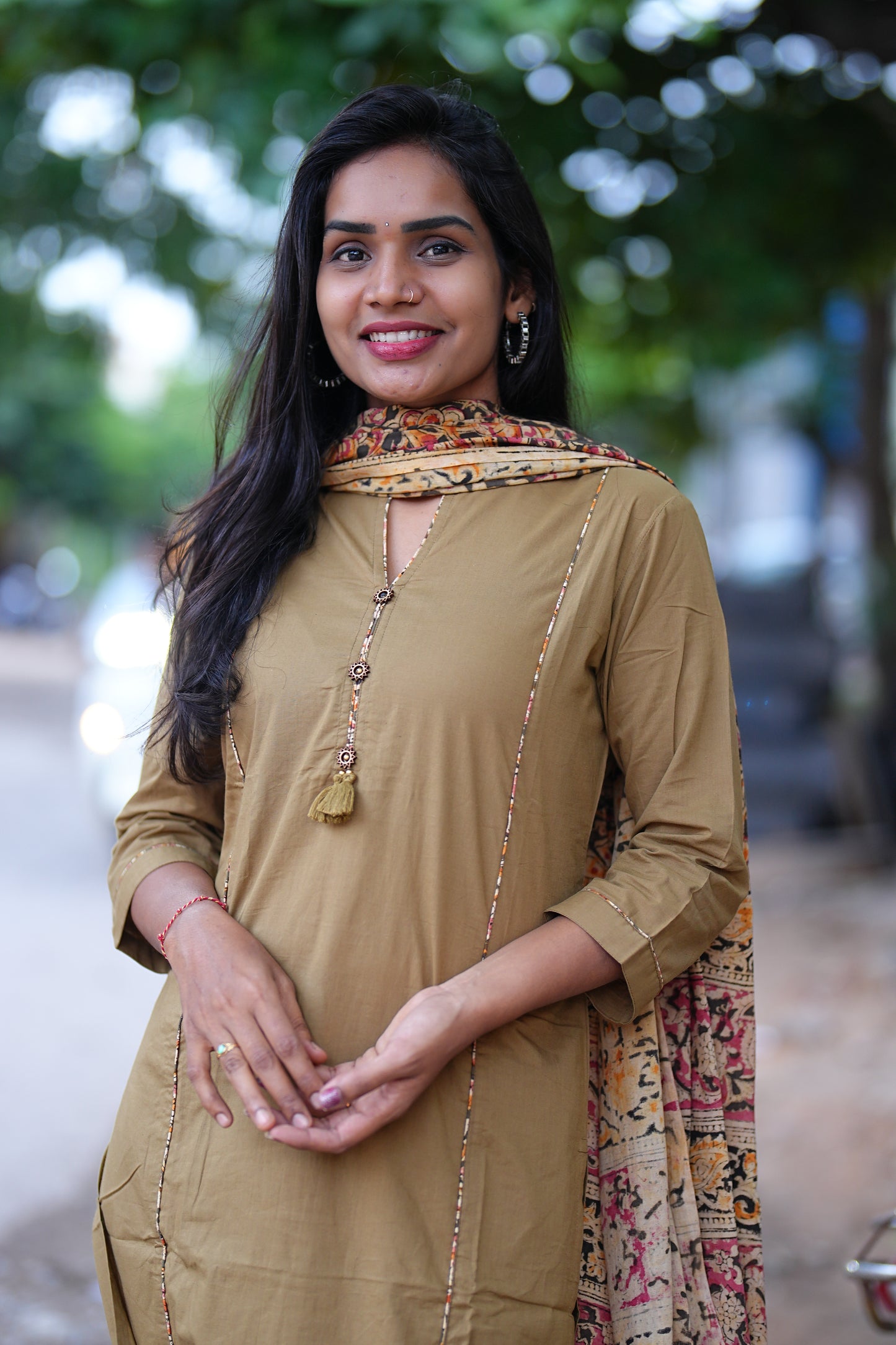 Beige Color Pure Jaipur Cotton Collar Neck With Kalamkari Piping & Dupatta