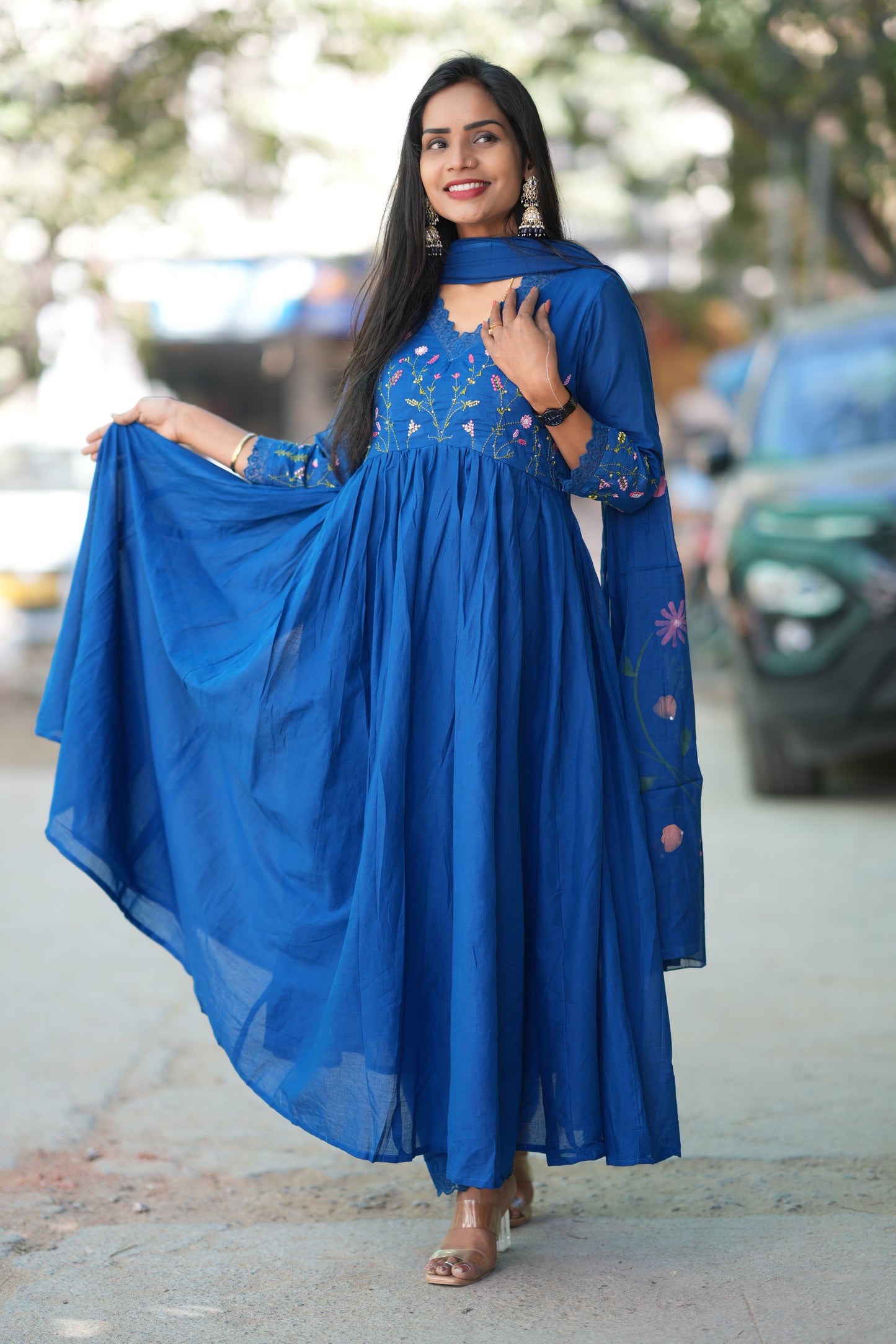 Blue Colour Mul Cotton anarkali 3 Piece Set With Complete Lining