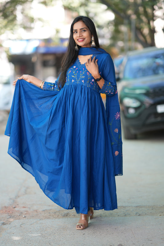 Blue Colour Mul Cotton anarkali 3 Piece Set With Complete Lining