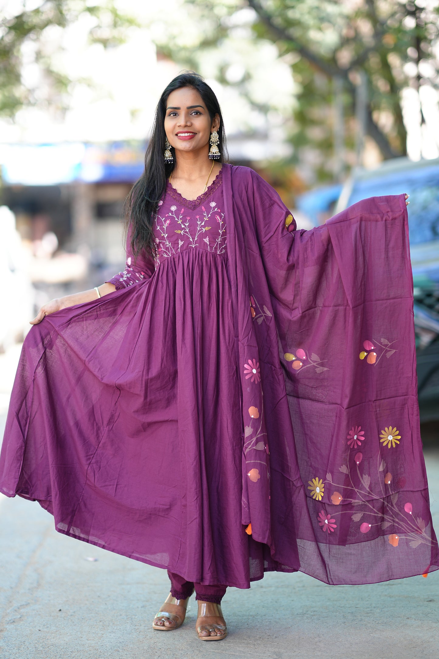 Wine Colour Mul Cotton anarkali 3 Piece Set With Complete Lining