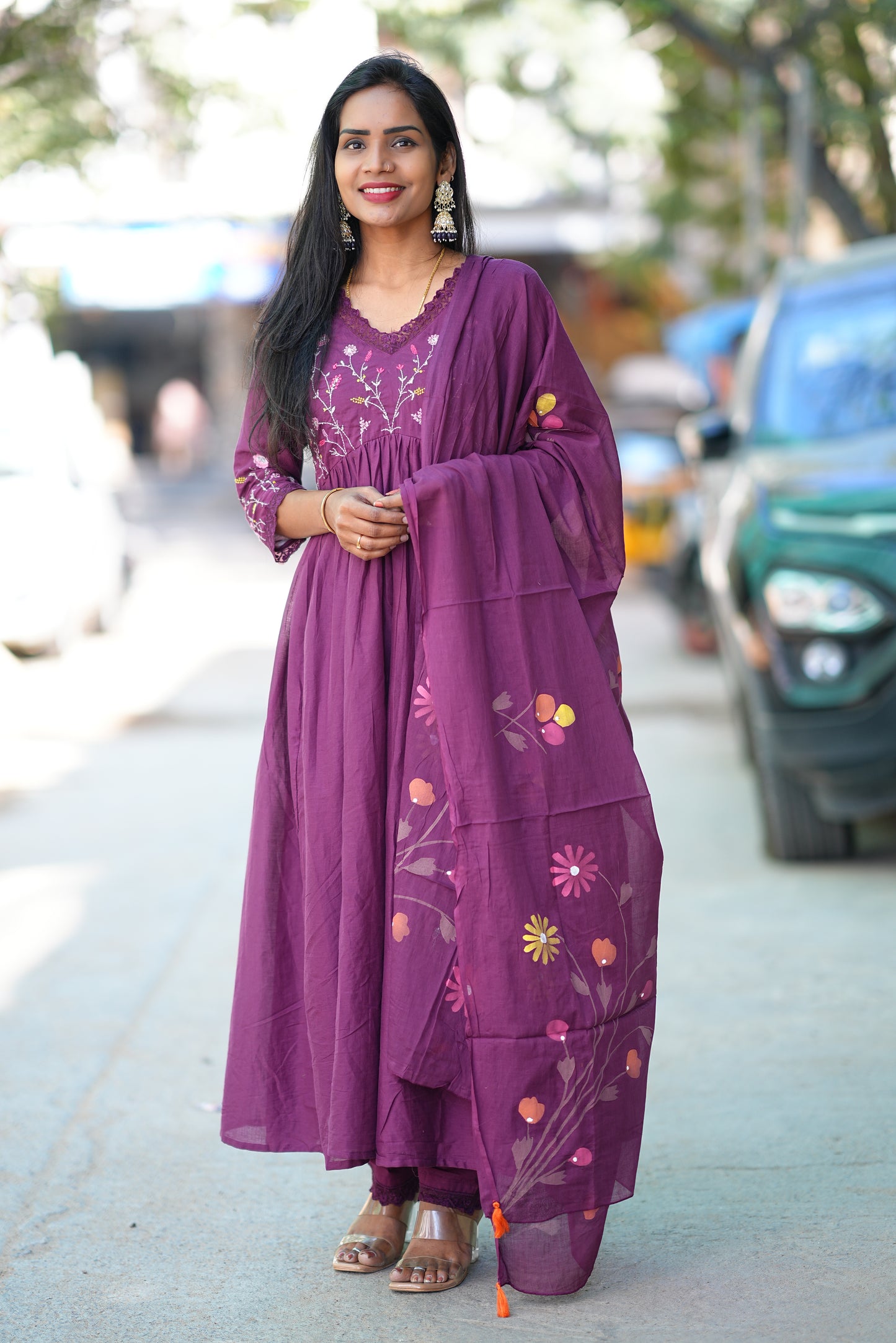 Wine Colour Mul Cotton anarkali 3 Piece Set With Complete Lining