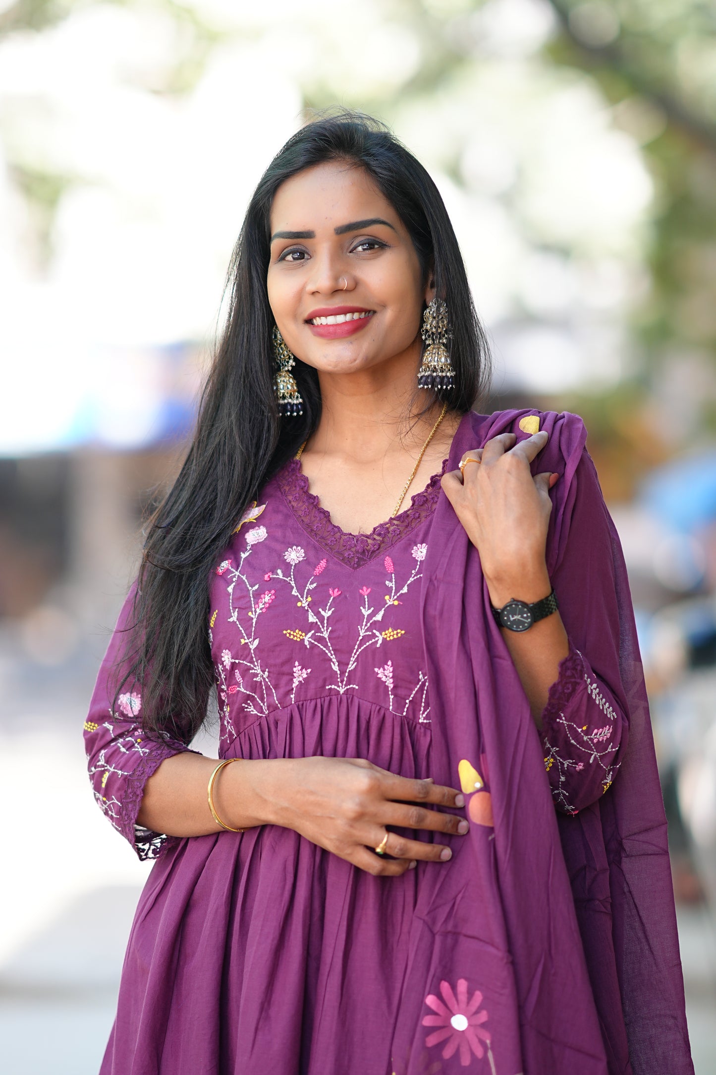 Wine Colour Mul Cotton anarkali 3 Piece Set With Complete Lining