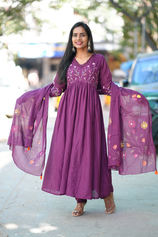 Wine Colour Mul Cotton anarkali 3 Piece Set With Complete Lining