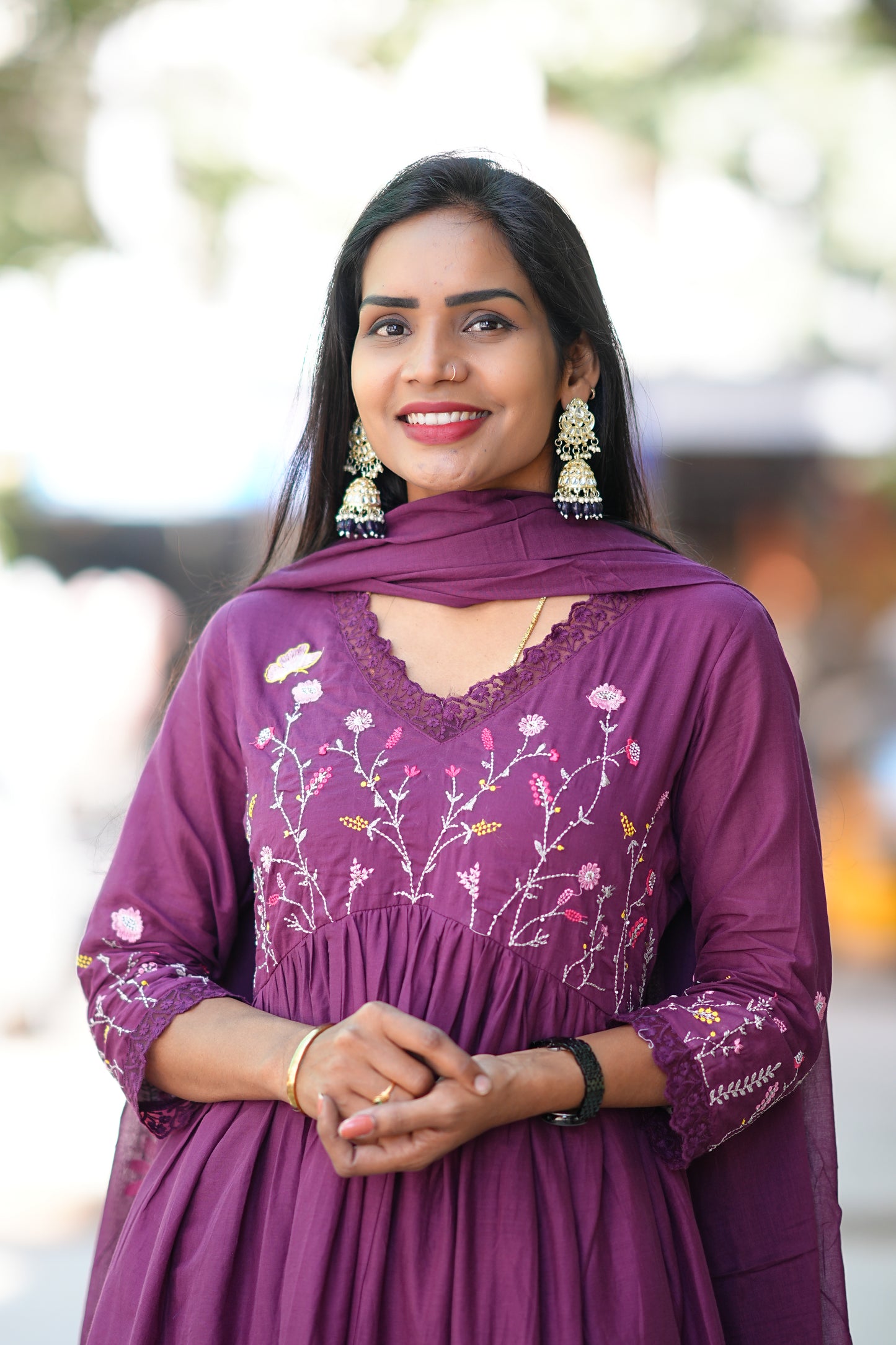 Wine Colour Mul Cotton anarkali 3 Piece Set With Complete Lining