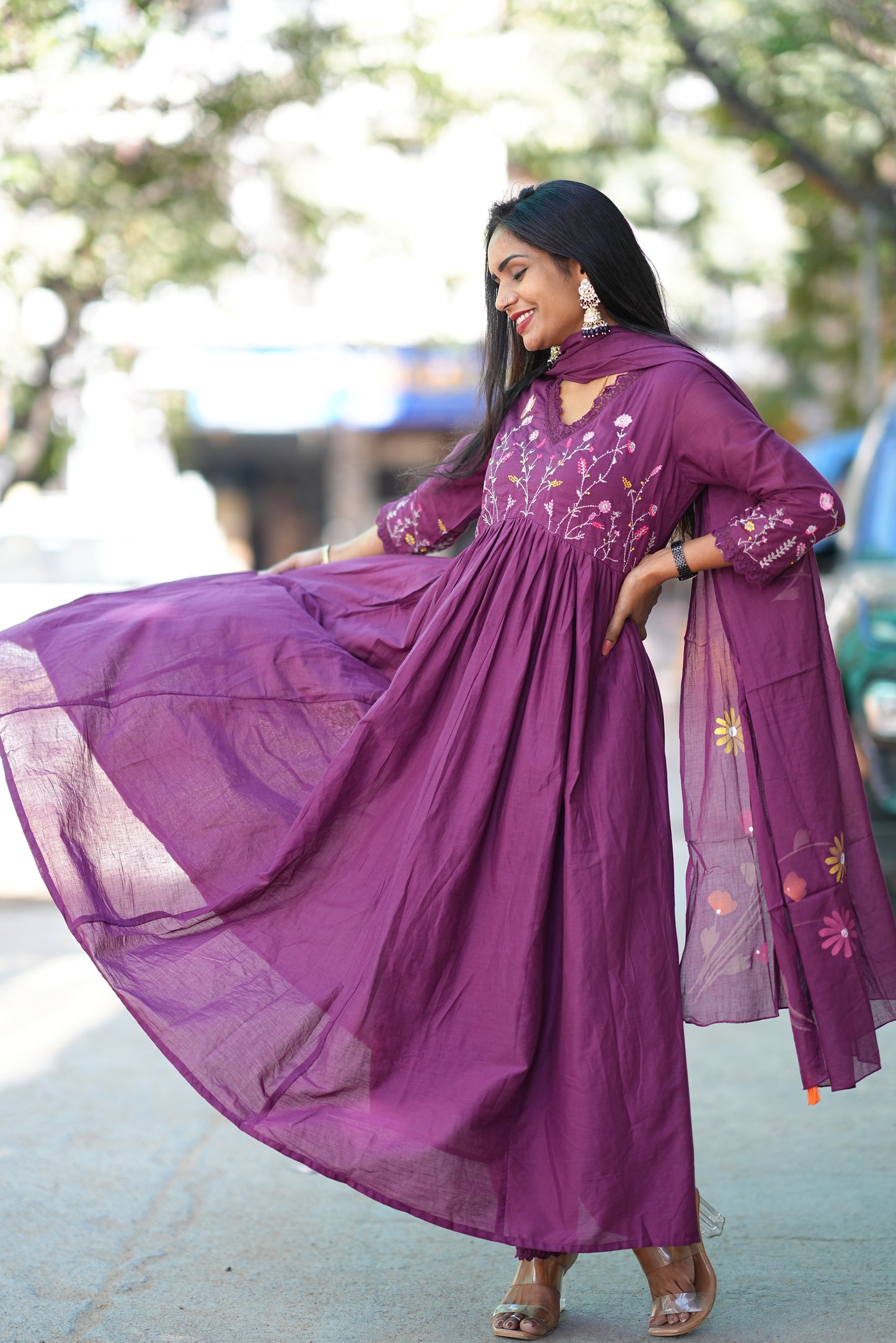 Wine Colour Mul Cotton anarkali 3 Piece Set With Complete Lining