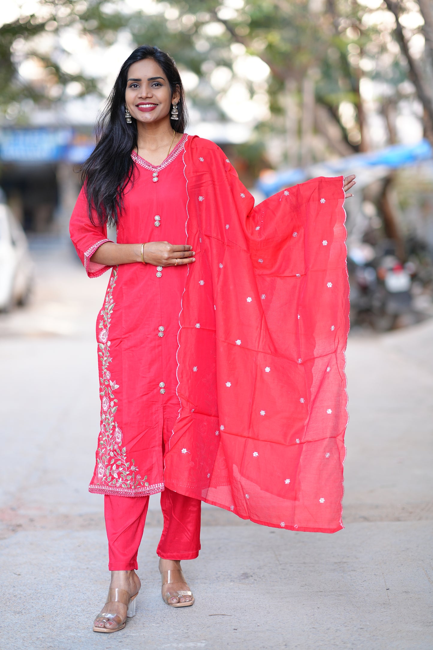 Red Color Festive Wear Mul Chanderi 3 Piece Set