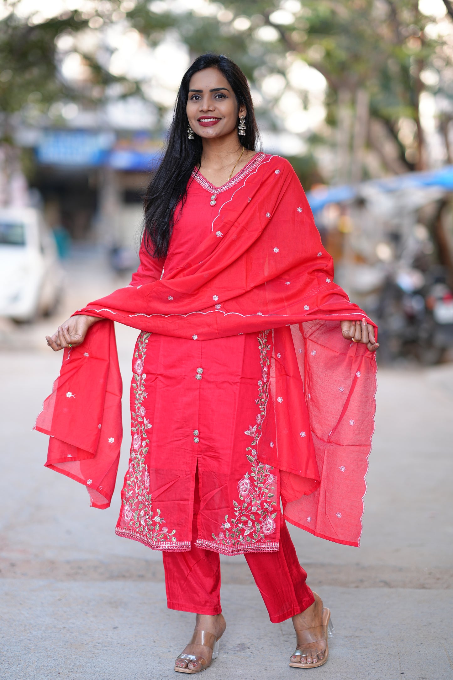 Red Color Festive Wear Mul Chanderi 3 Piece Set