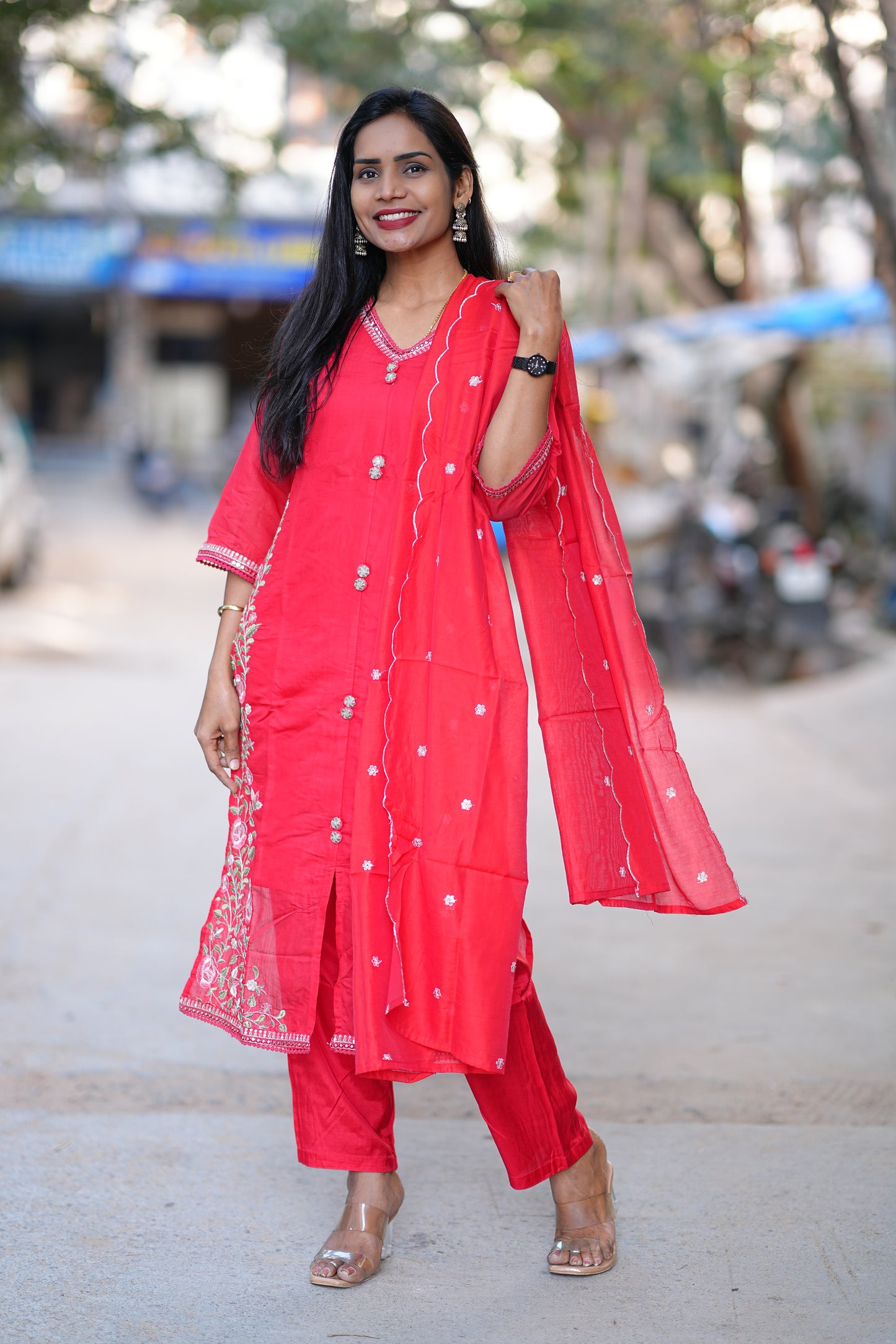 Red Color Festive Wear Mul Chanderi 3 Piece Set