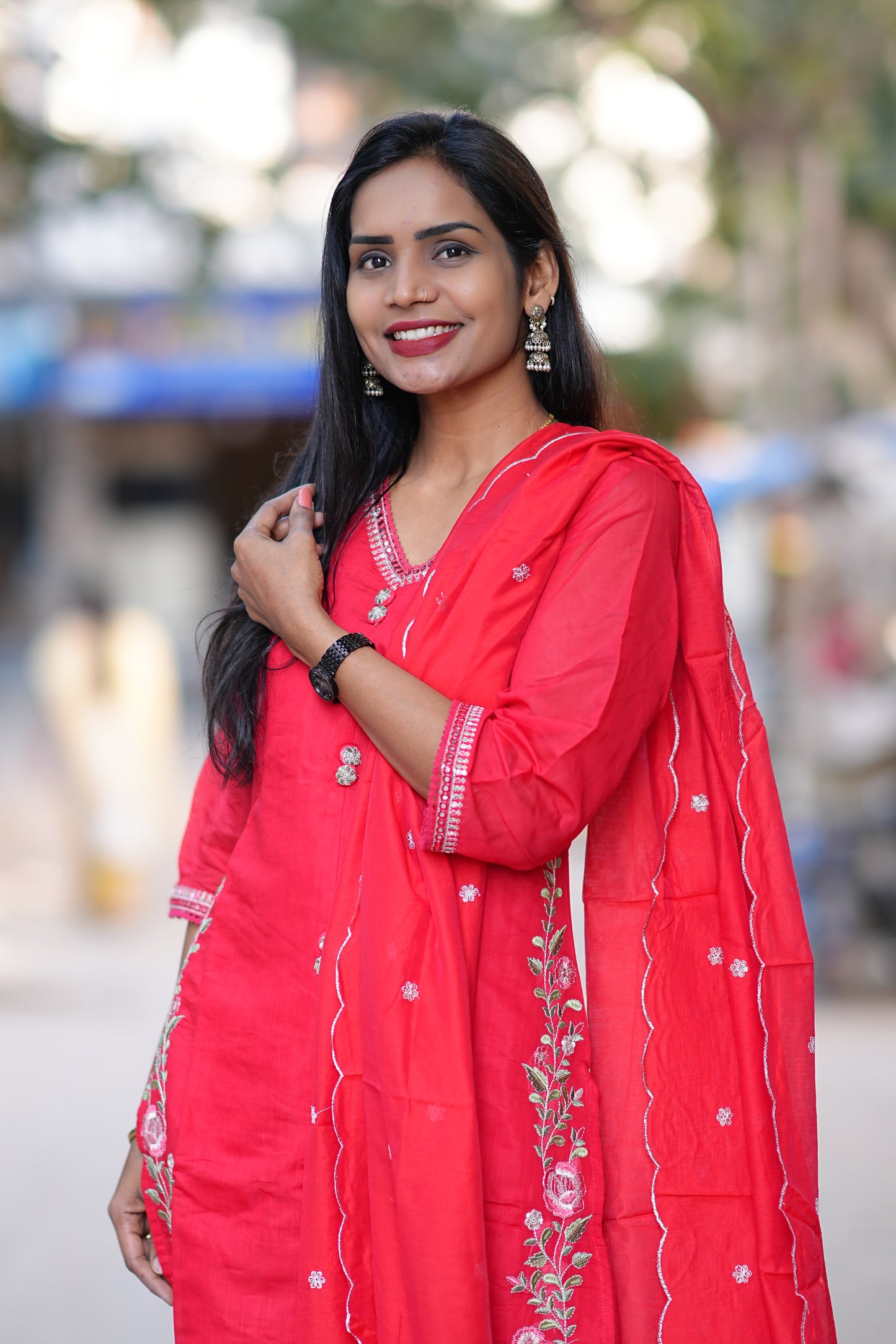 Red Color Festive Wear Mul Chanderi 3 Piece Set