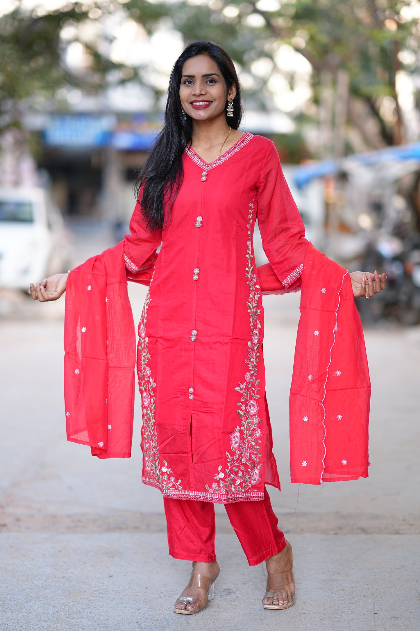 Red Color Festive Wear Mul Chanderi 3 Piece Set