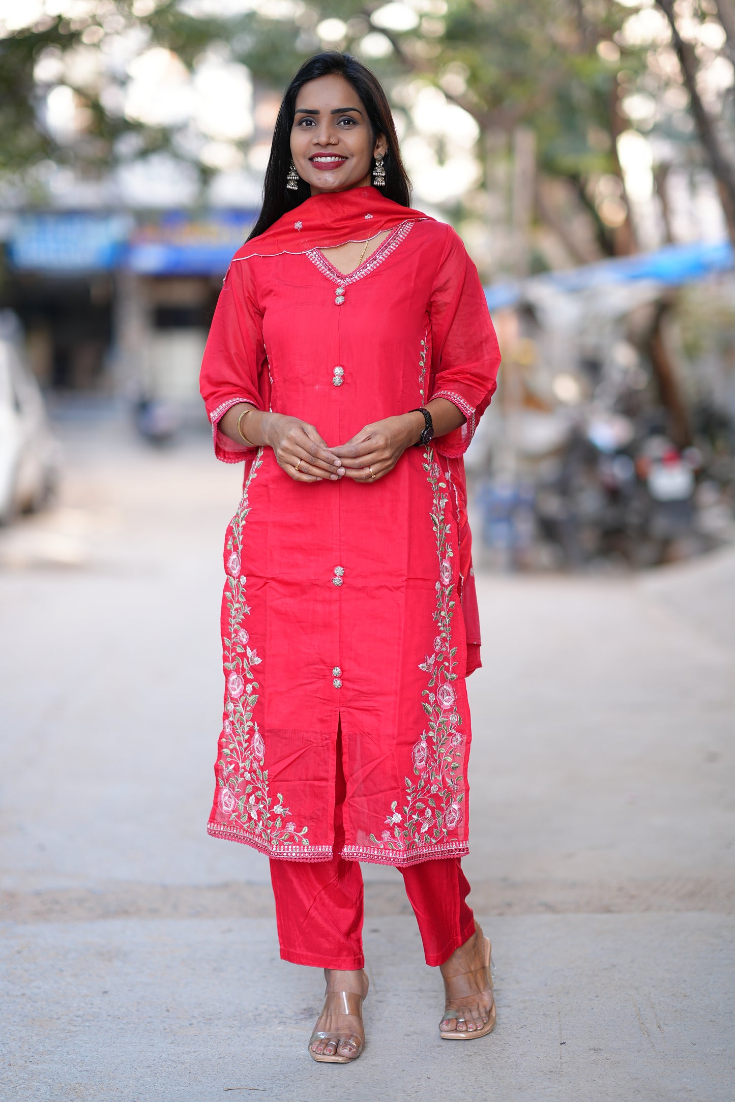 Red Color Festive Wear Mul Chanderi 3 Piece Set