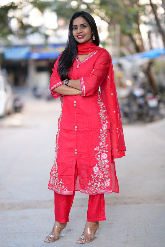 Red Color Festive Wear Mul Chanderi 3 Piece Set
