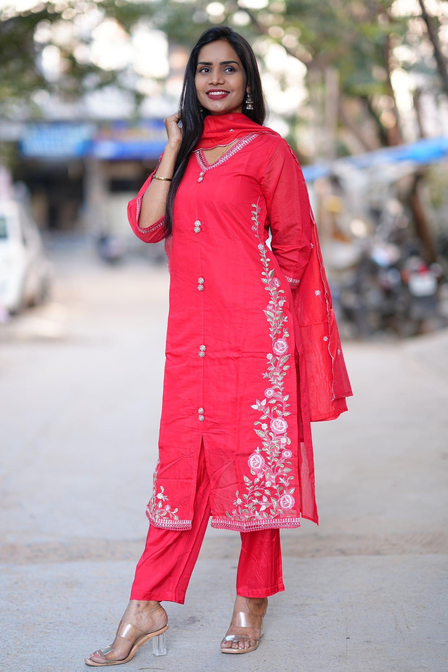 Red Color Festive Wear Mul Chanderi 3 Piece Set