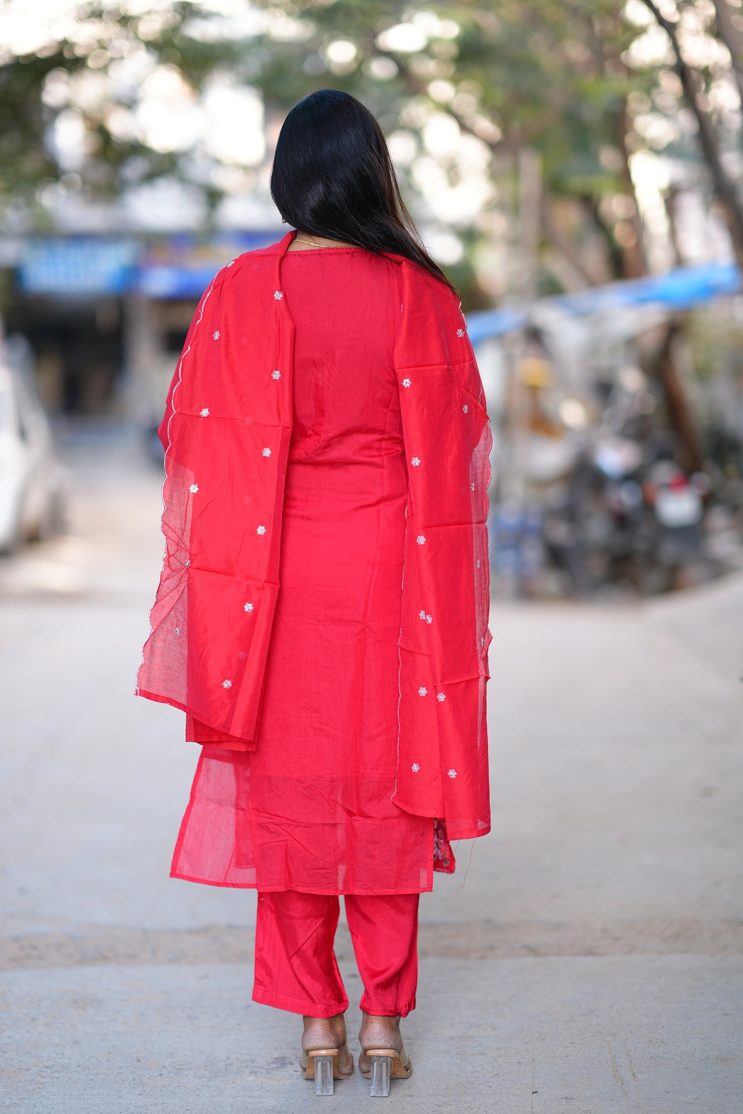 Red Color Festive Wear Mul Chanderi 3 Piece Set