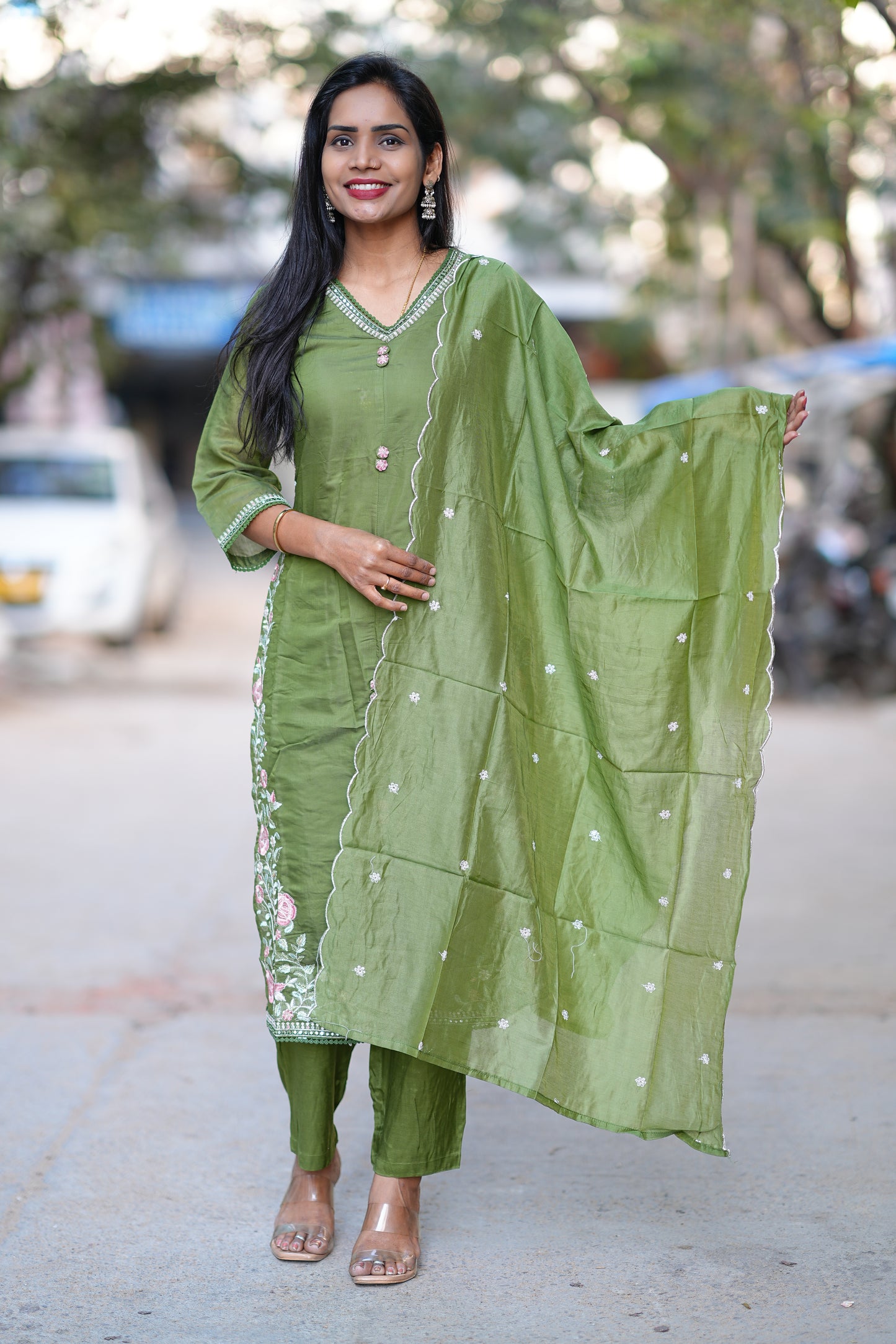 Mehendhi Green Color Festive Wear Mul Chanderi 3 Piece Set