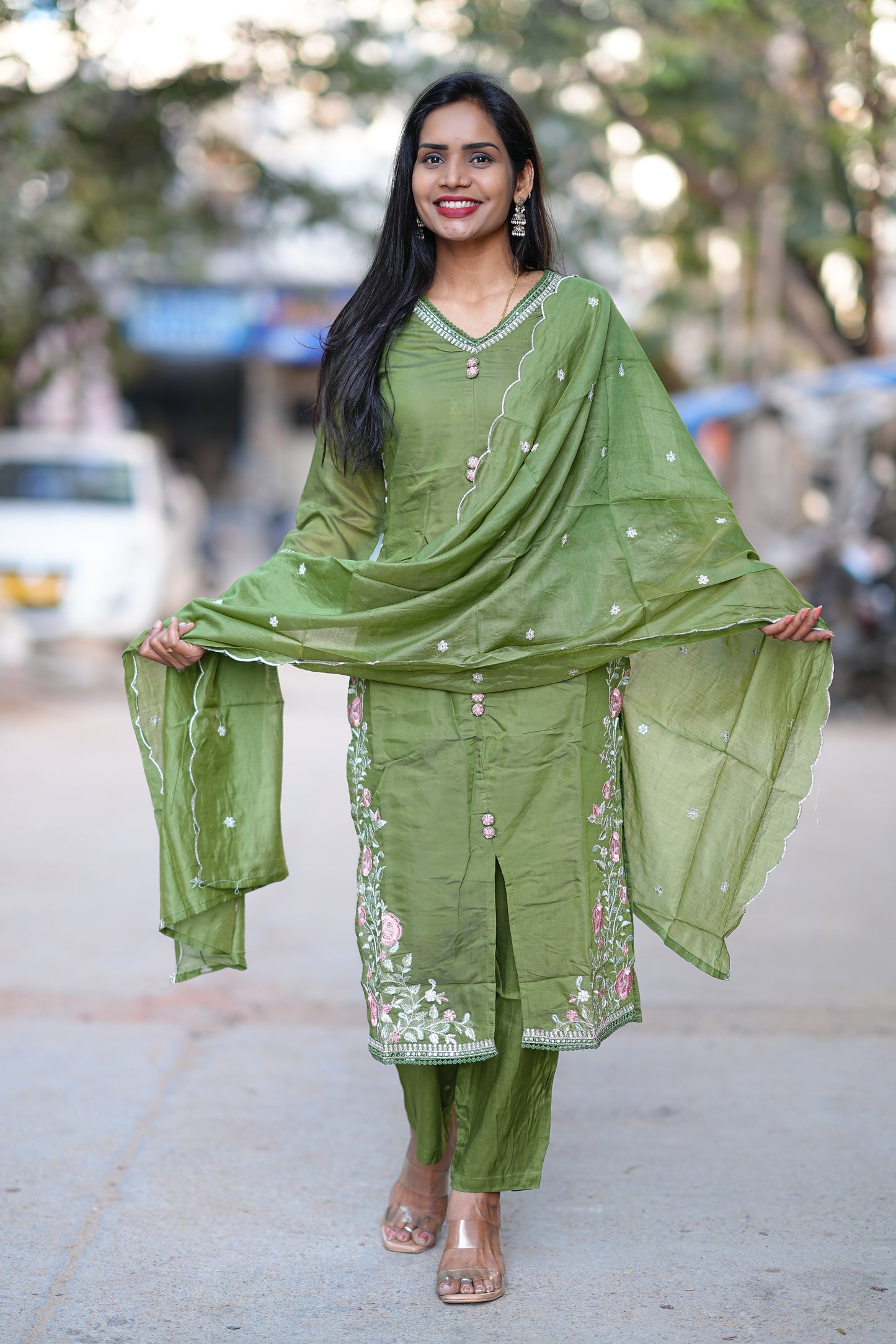 Mehendhi Green Color Festive Wear Mul Chanderi 3 Piece Set