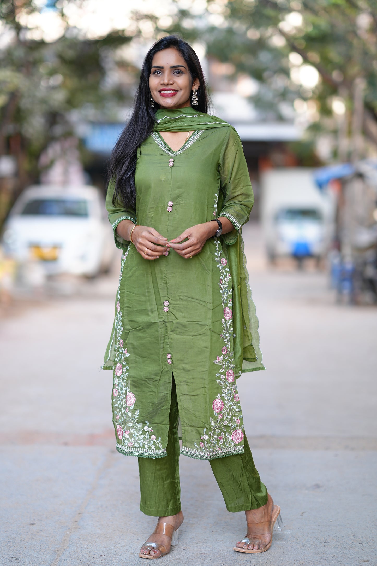 Mehendhi Green Color Festive Wear Mul Chanderi 3 Piece Set