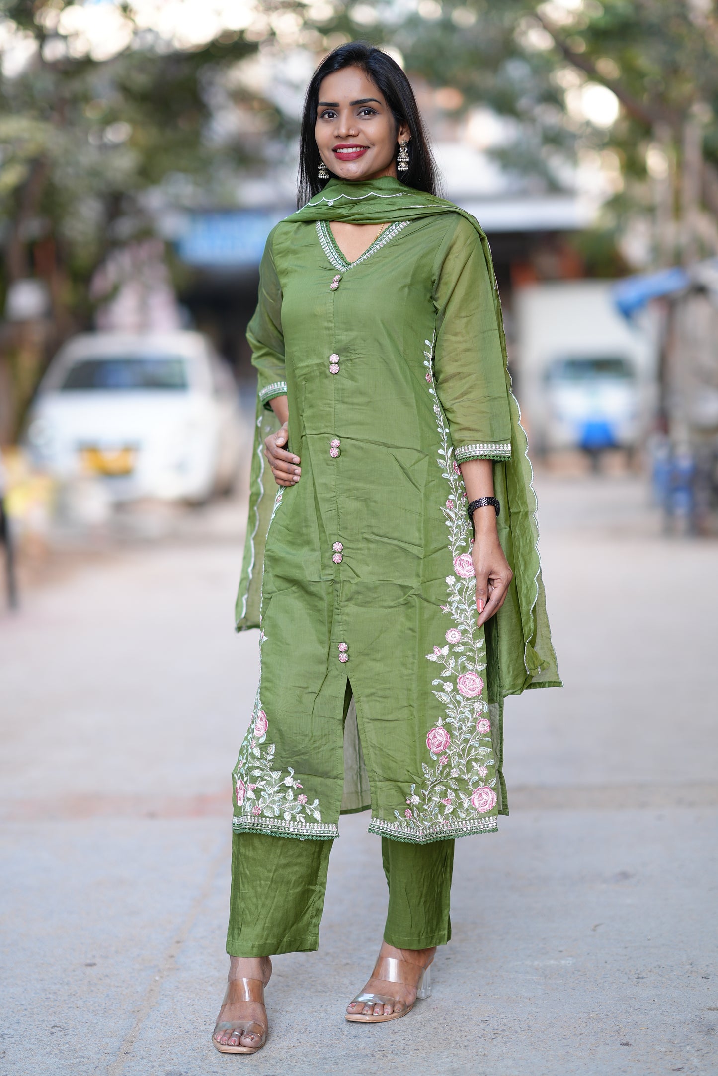 Mehendhi Green Color Festive Wear Mul Chanderi 3 Piece Set