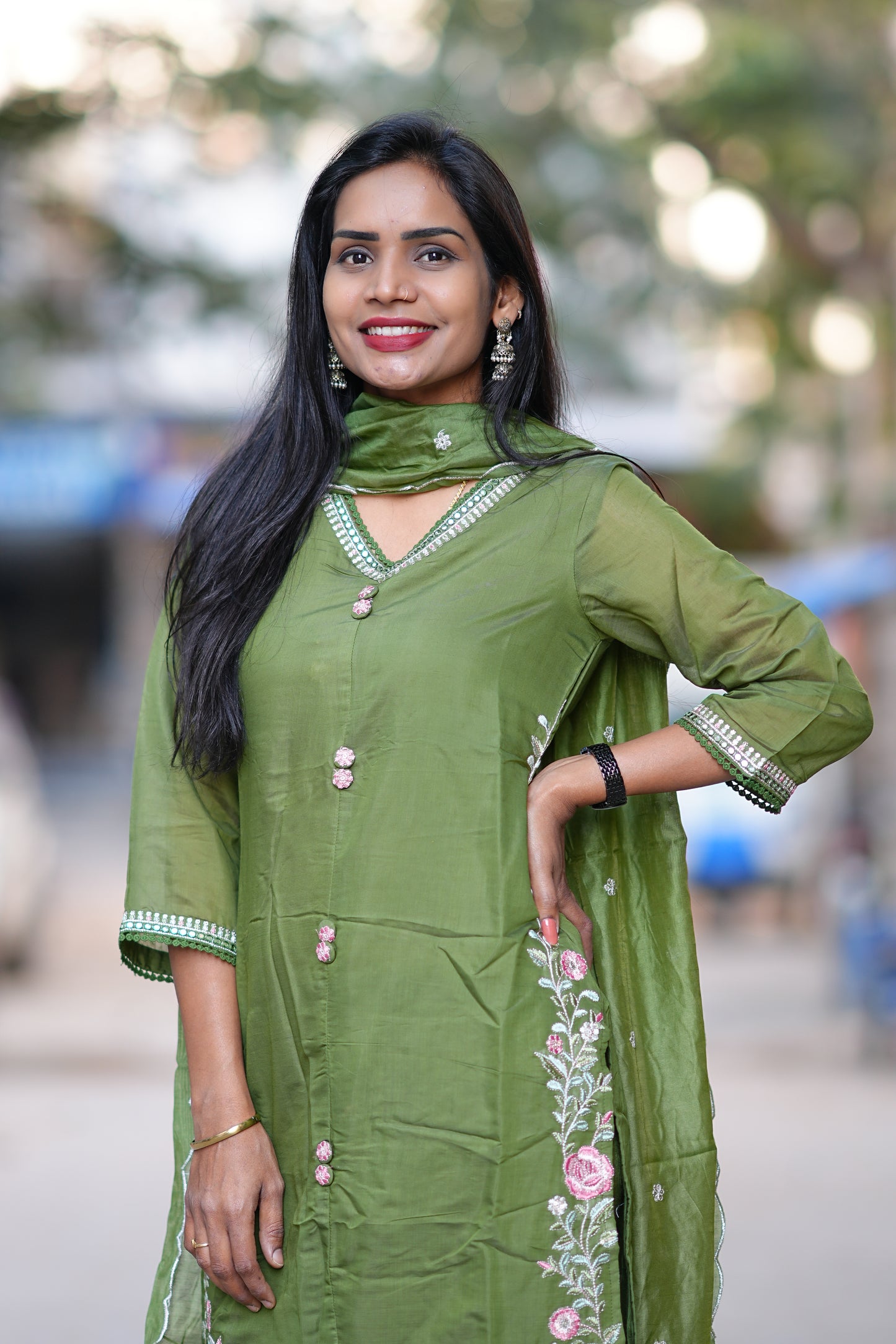 Mehendhi Green Color Festive Wear Mul Chanderi 3 Piece Set