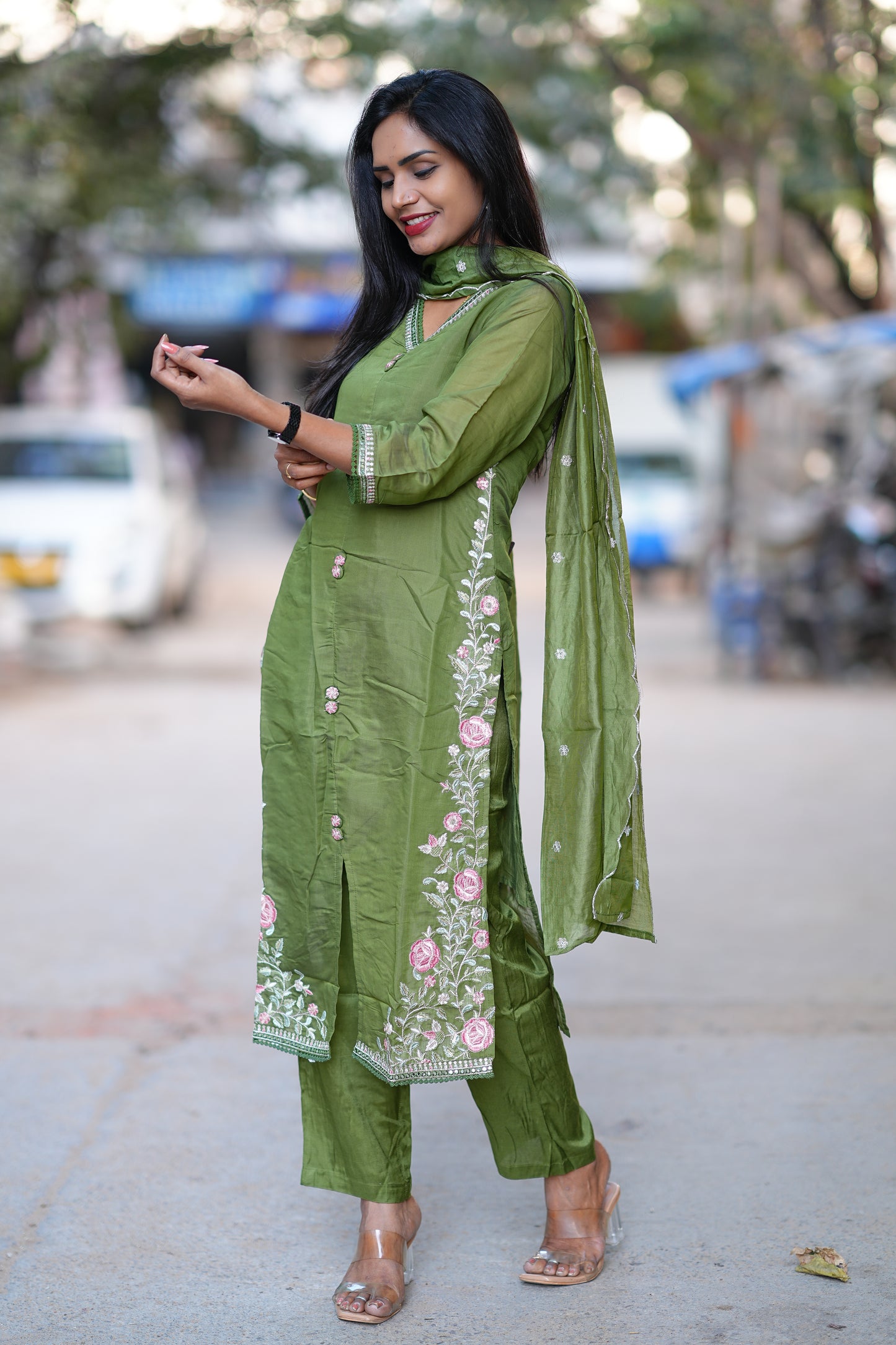 Mehendhi Green Color Festive Wear Mul Chanderi 3 Piece Set