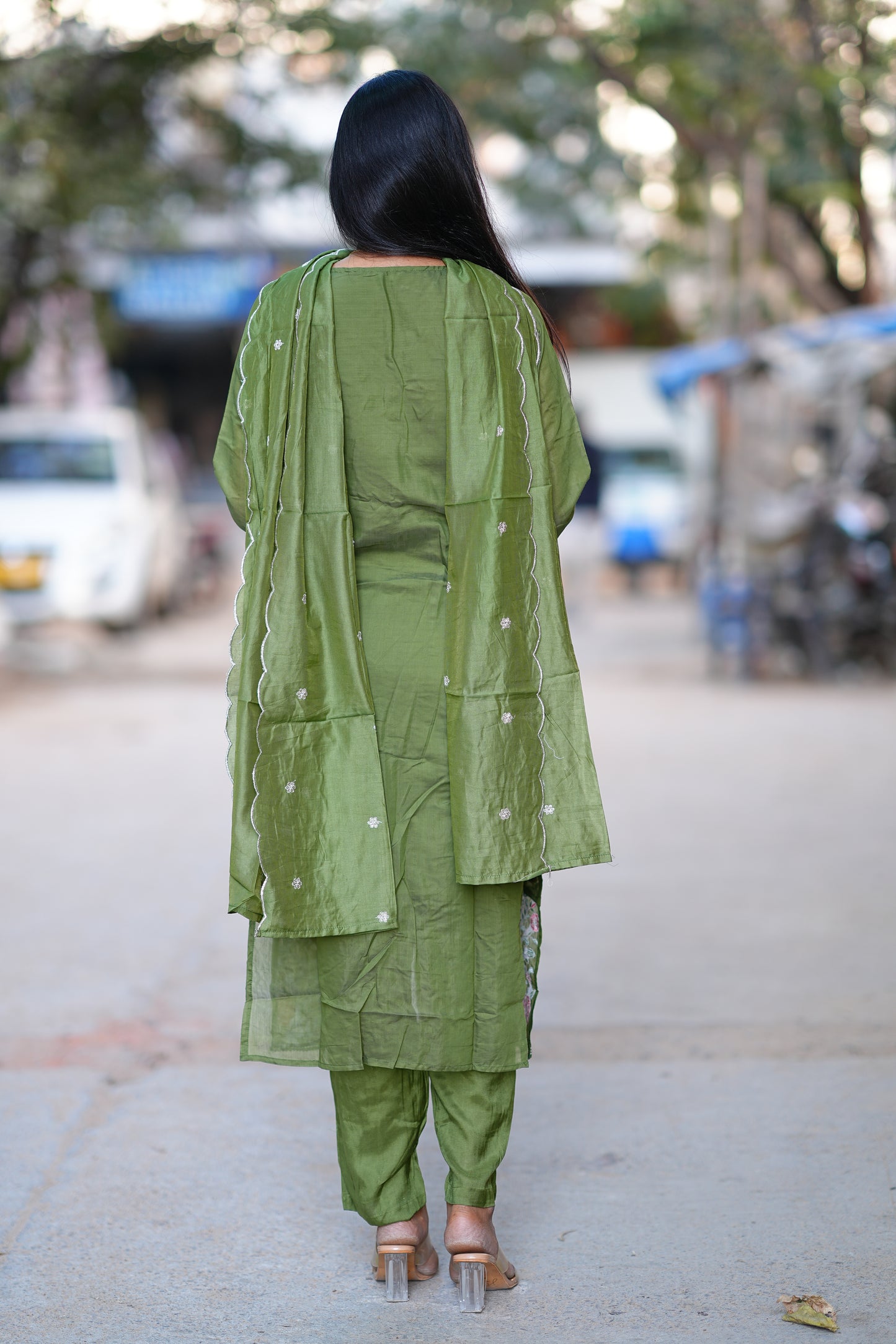 Mehendhi Green Color Festive Wear Mul Chanderi 3 Piece Set