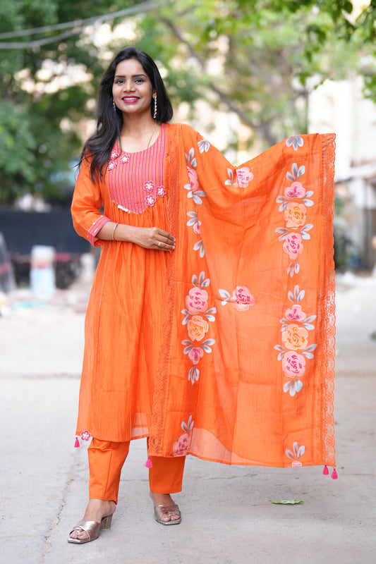 Orange Color viscose Fabric Party Wear 3 Piece Set with Heavy Dupatta