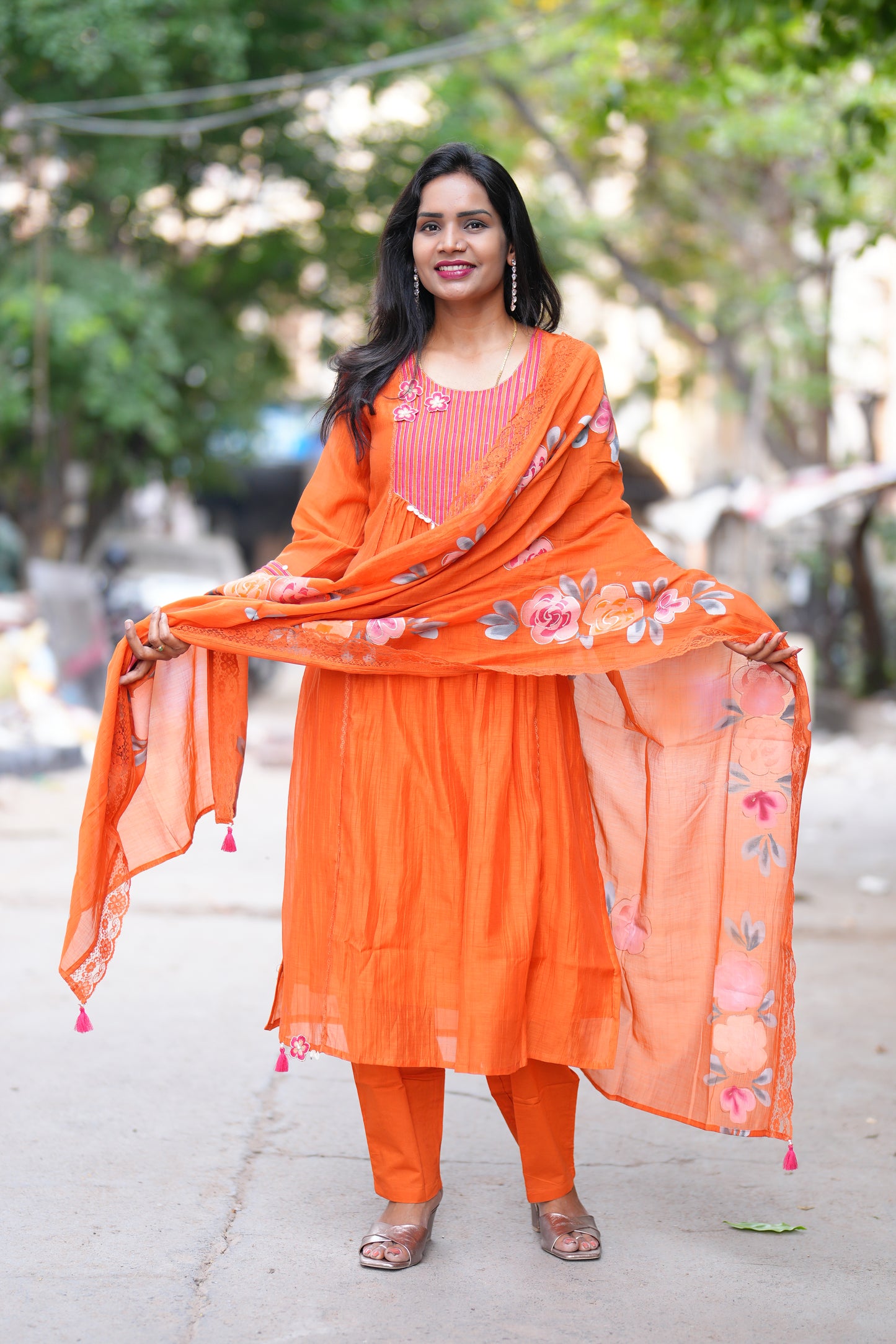 Orange Color viscose Fabric Party Wear 3 Piece Set with Heavy Dupatta