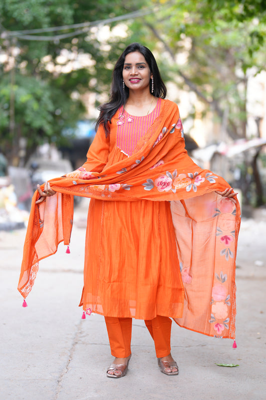 Orange Color viscose Fabric Party Wear 3 Piece Set with Heavy Dupatta