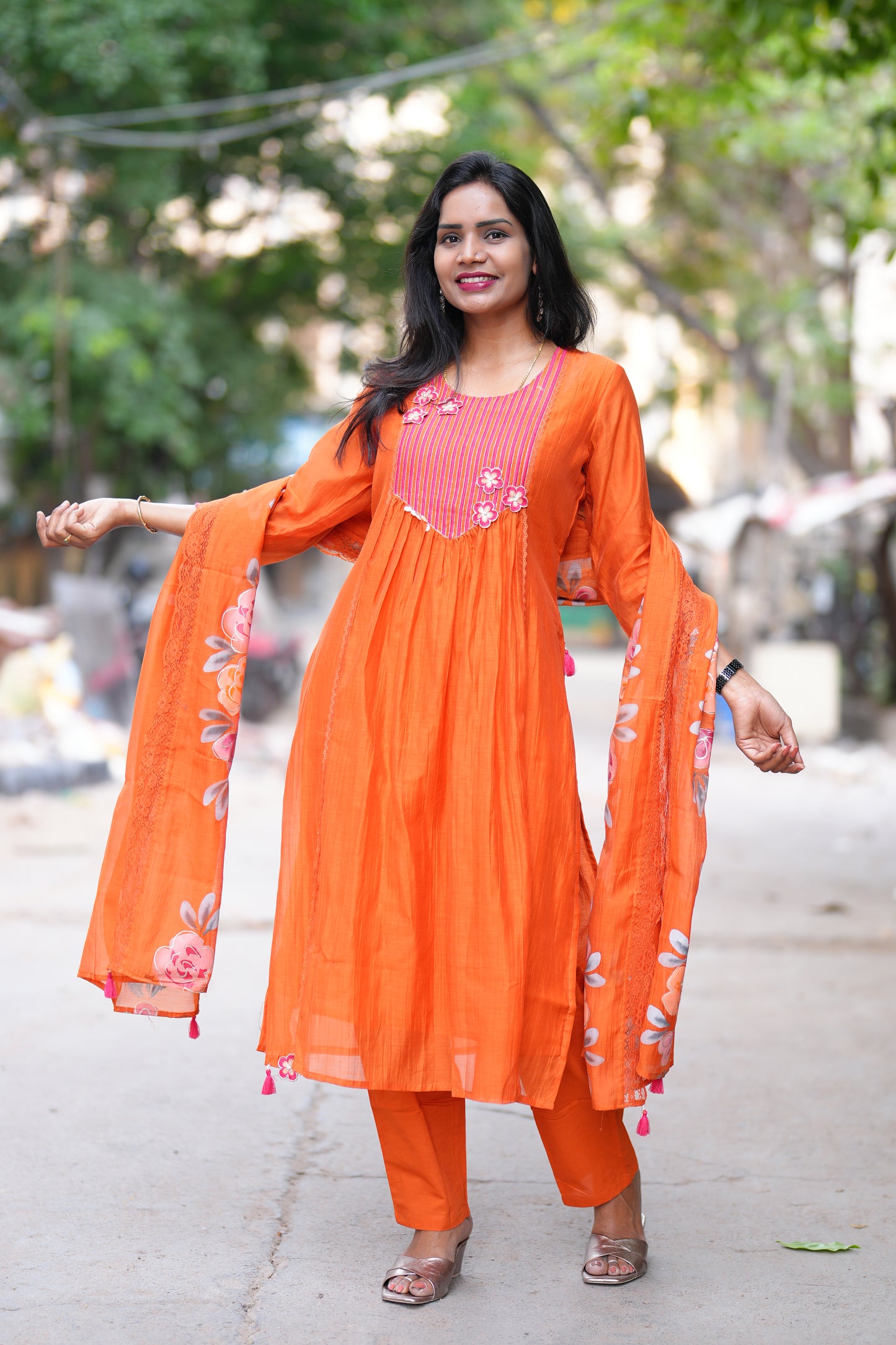 Orange Color viscose Fabric Party Wear 3 Piece Set with Heavy Dupatta