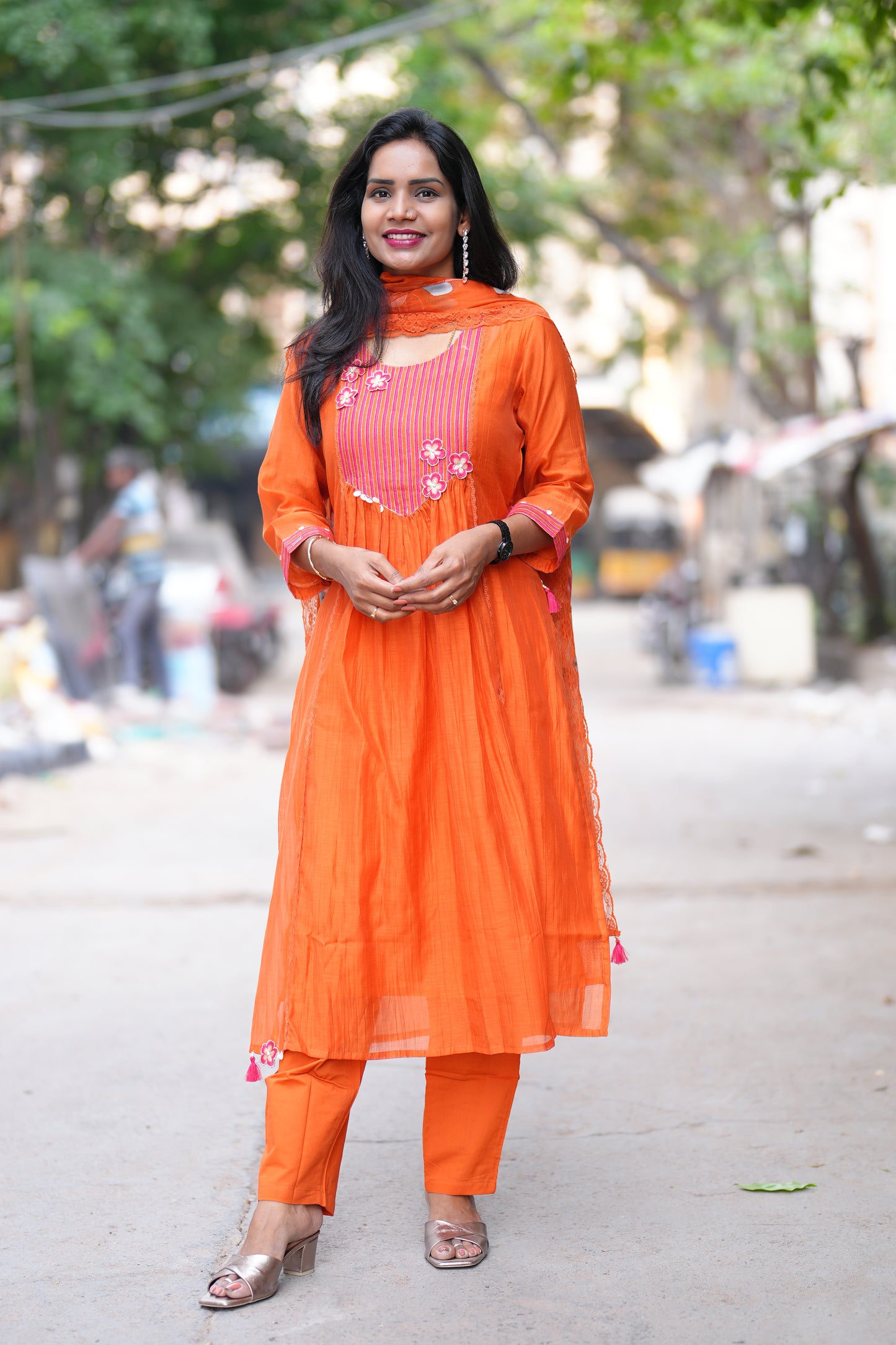 Orange Color viscose Fabric Party Wear 3 Piece Set with Heavy Dupatta