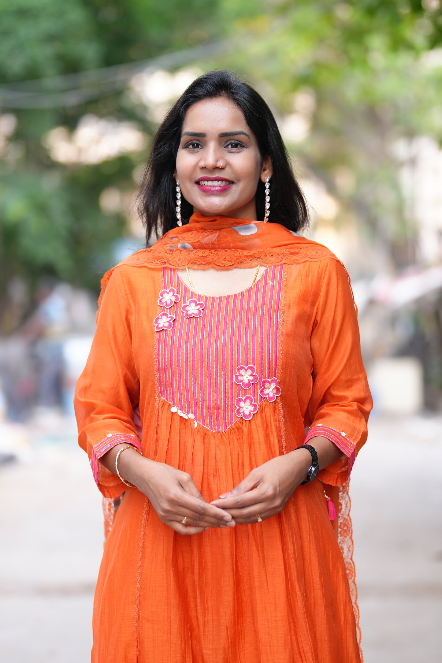 Orange Color viscose Fabric Party Wear 3 Piece Set with Heavy Dupatta