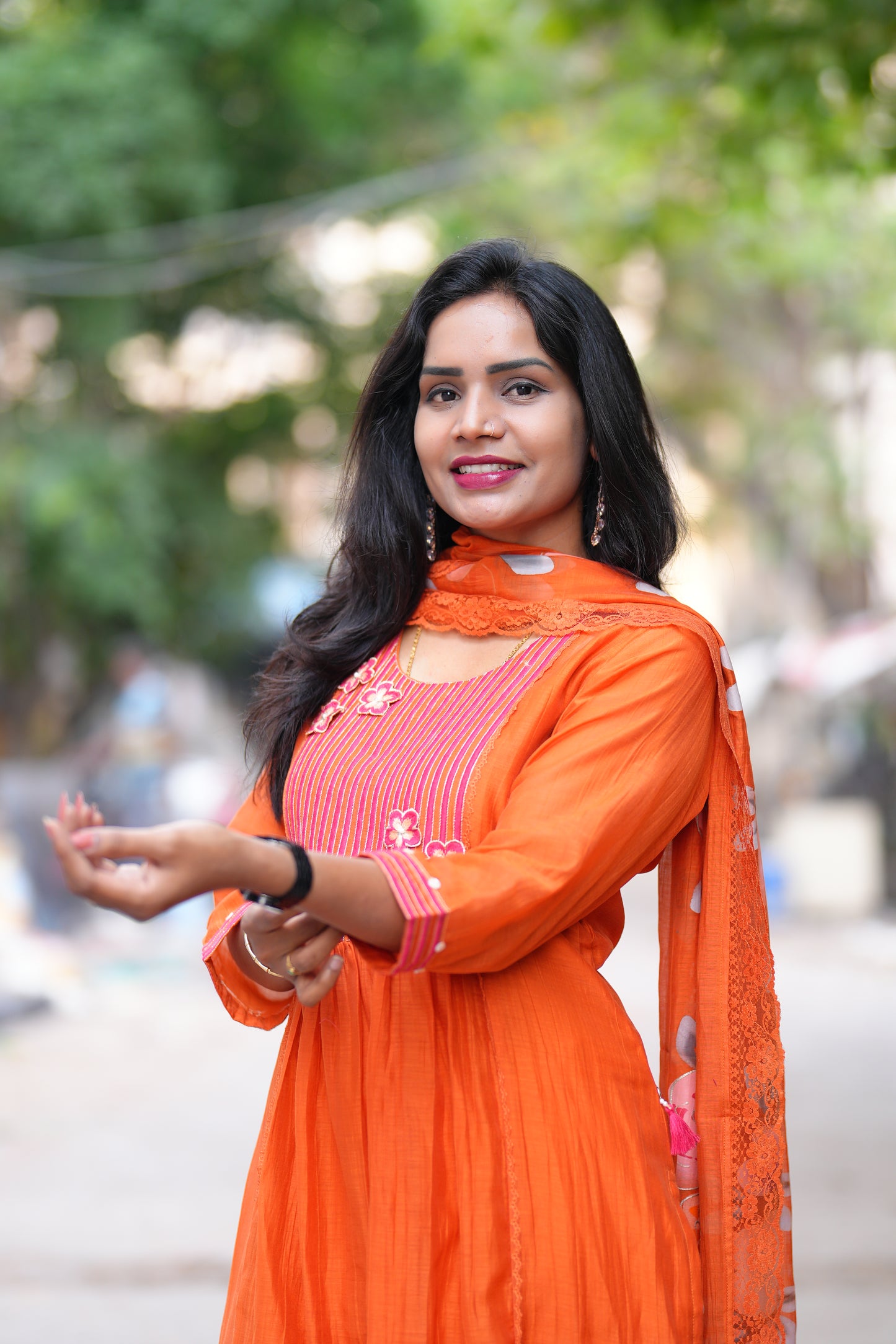 Orange Color viscose Fabric Party Wear 3 Piece Set with Heavy Dupatta