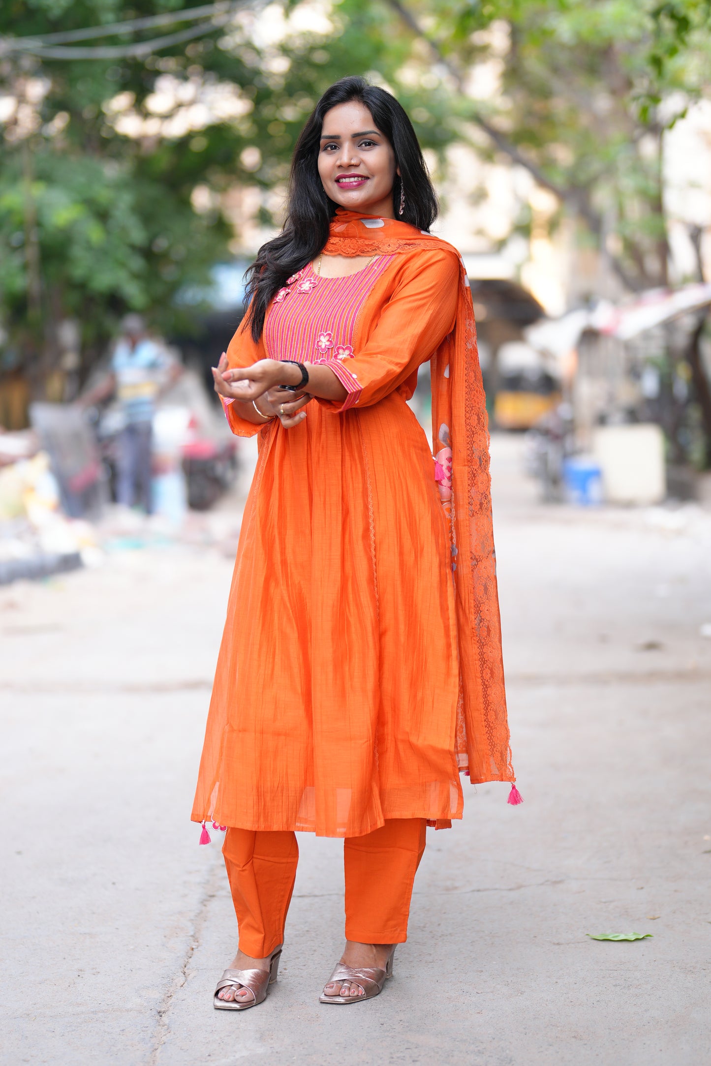 Orange Color viscose Fabric Party Wear 3 Piece Set with Heavy Dupatta