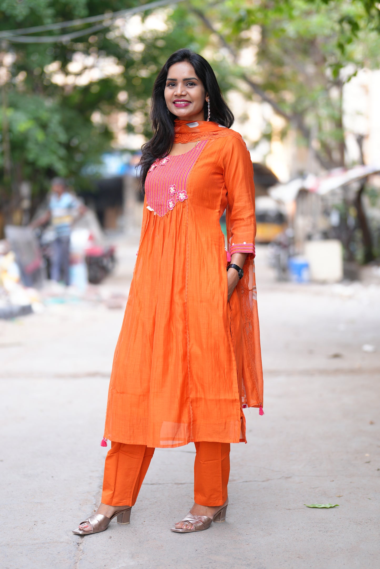 Orange Color viscose Fabric Party Wear 3 Piece Set with Heavy Dupatta