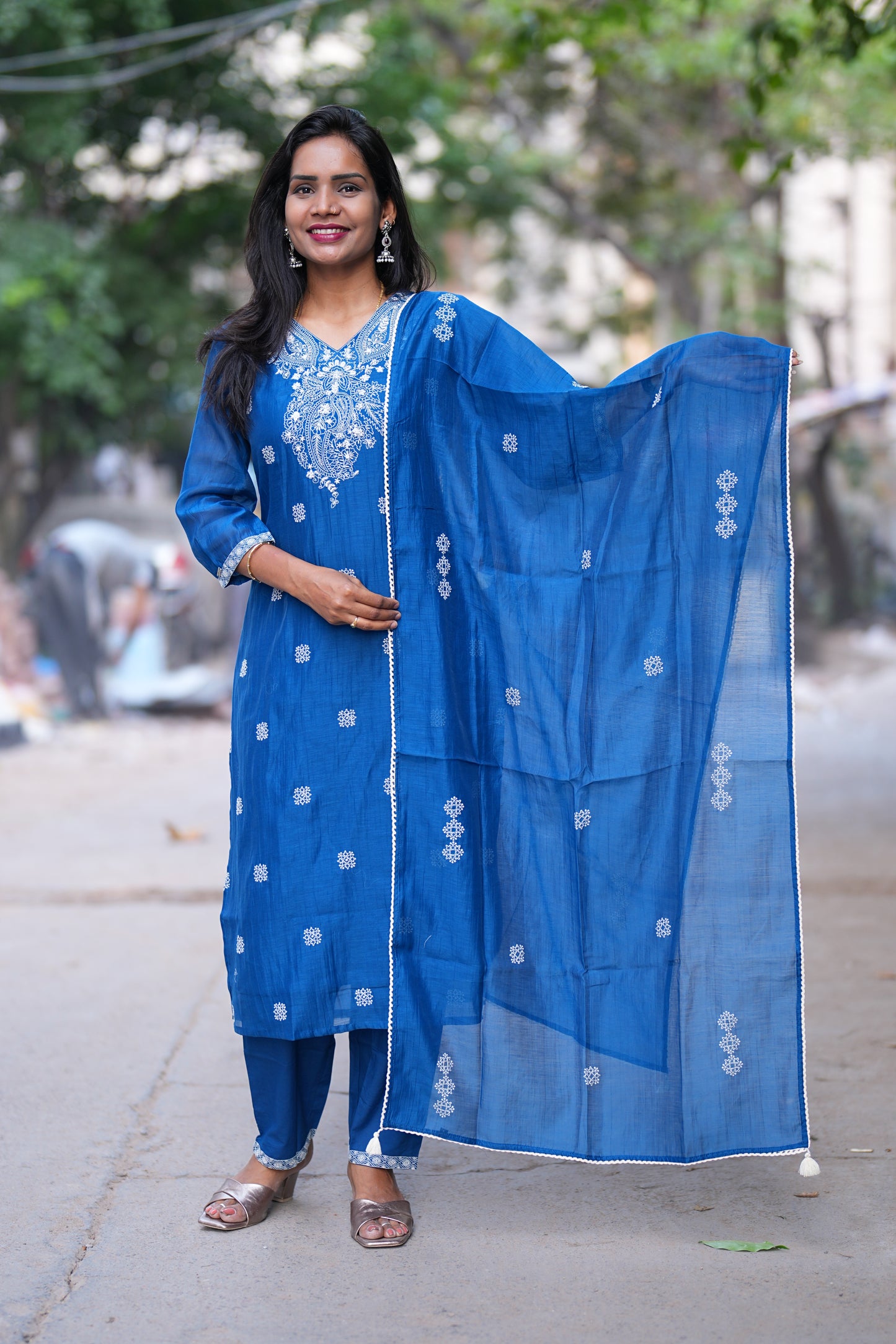 Blue Color Viscose Fabric Designer Wear 3 piece Set