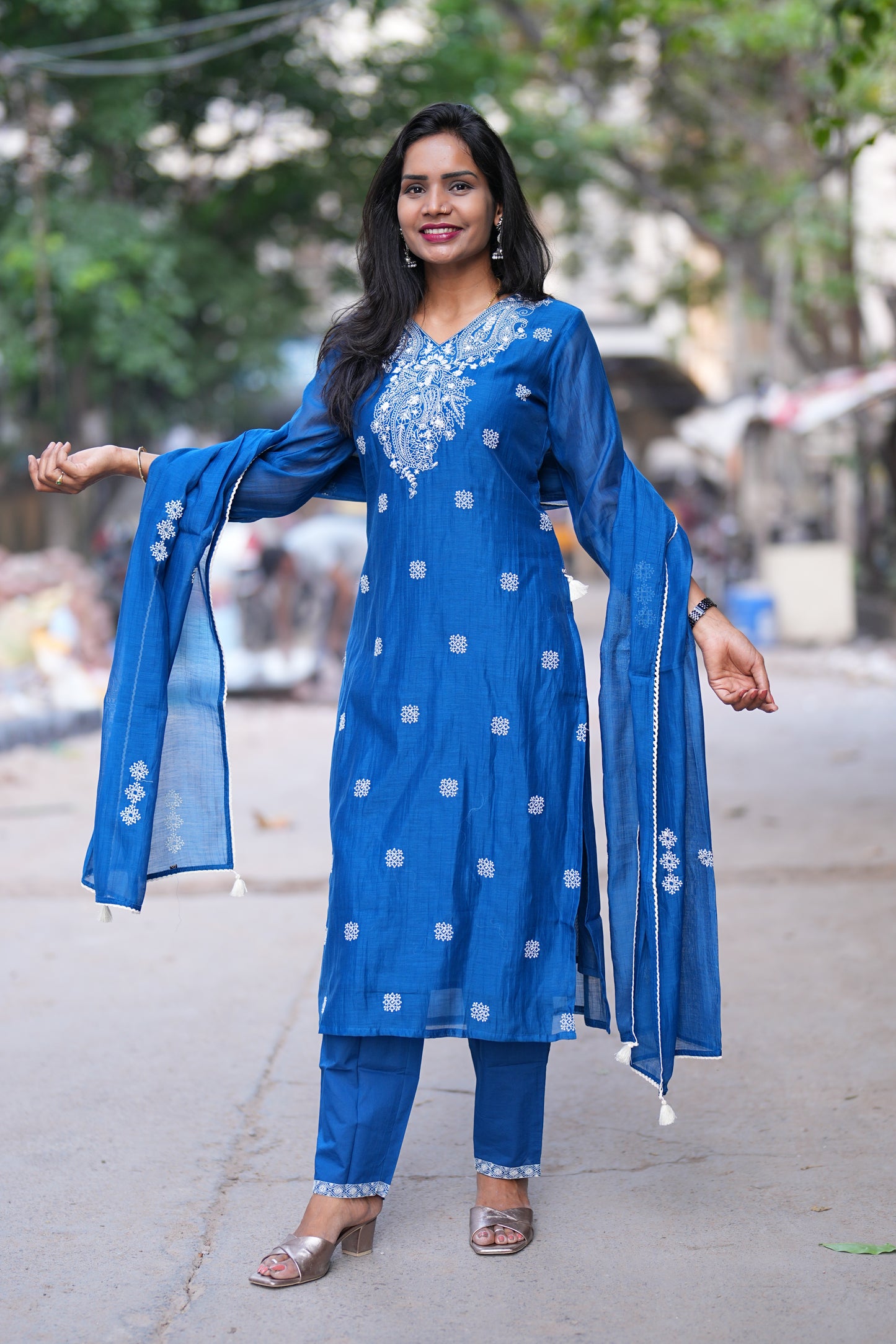 Blue Color Viscose Fabric Designer Wear 3 piece Set