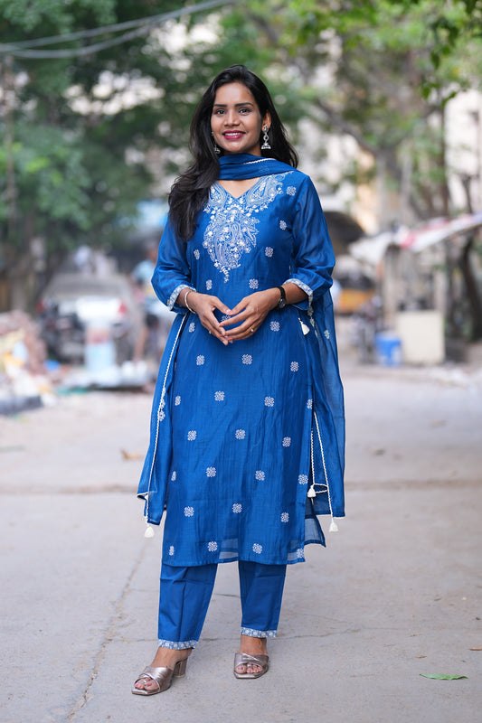 Blue Color Viscose Fabric Designer Wear 3 piece Set