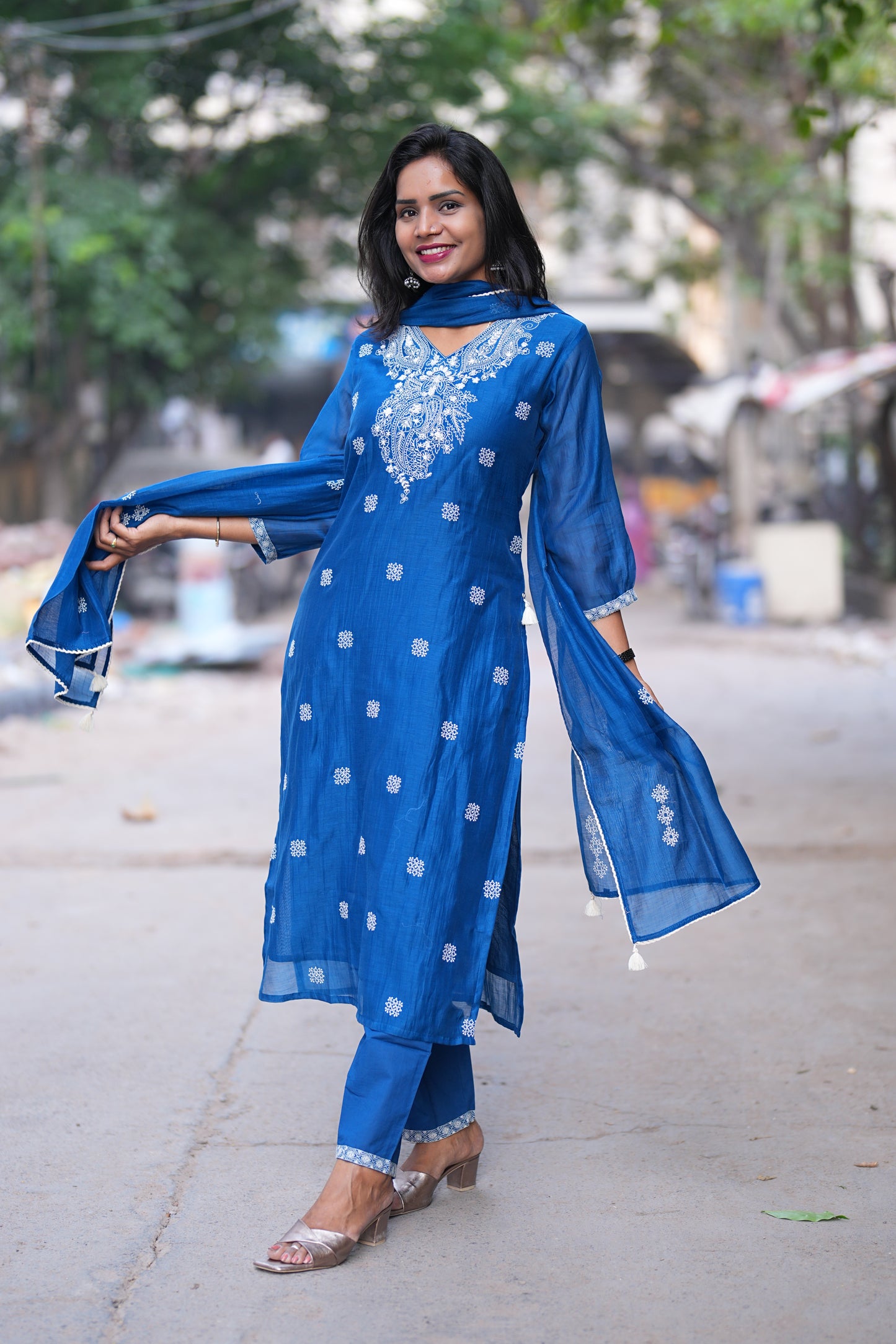 Blue Color Viscose Fabric Designer Wear 3 piece Set