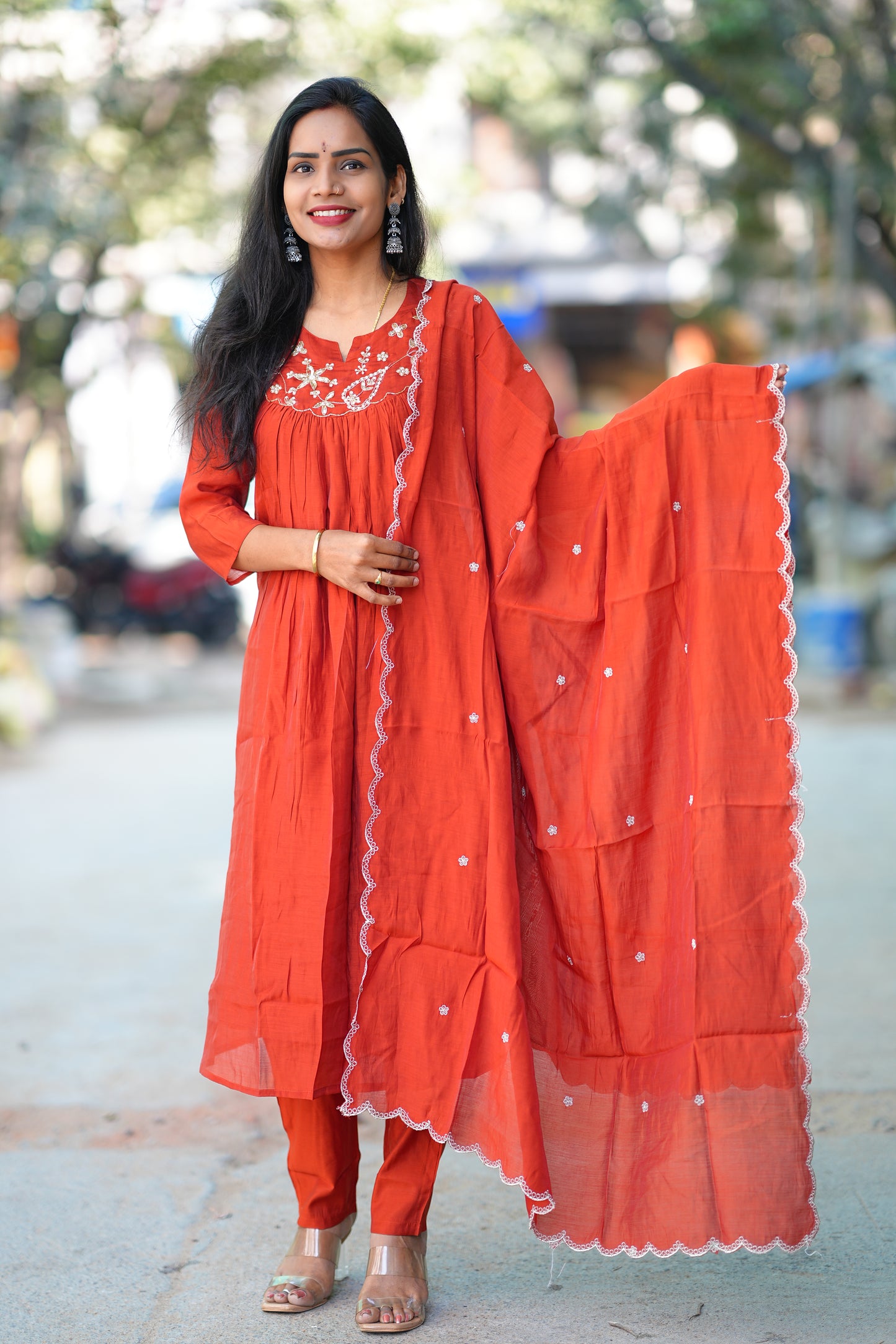 Brick Orange Color Mul chanderi 3 Piece Set With Maggam Work and Complete Lining