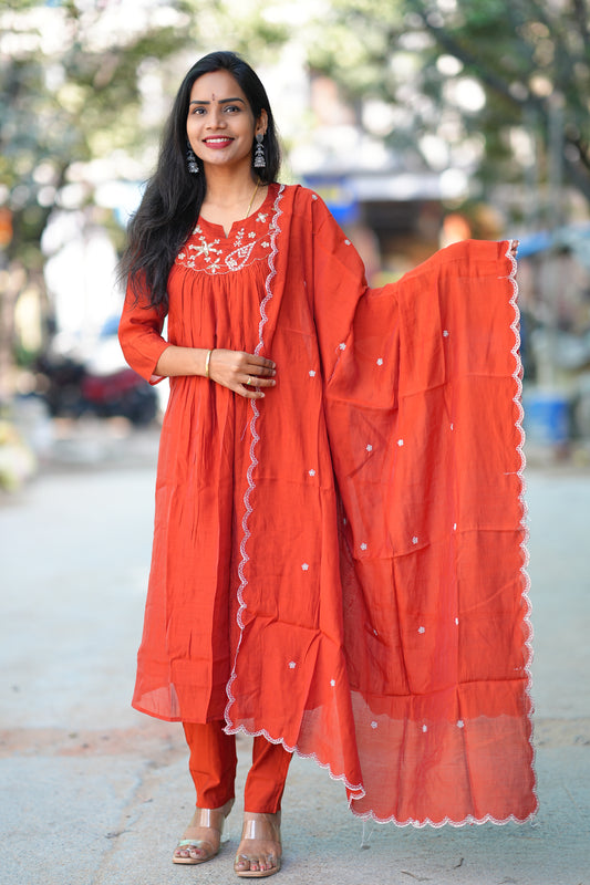 Brick Orange Color Mul chanderi 3 Piece Set With Maggam Work and Complete Lining